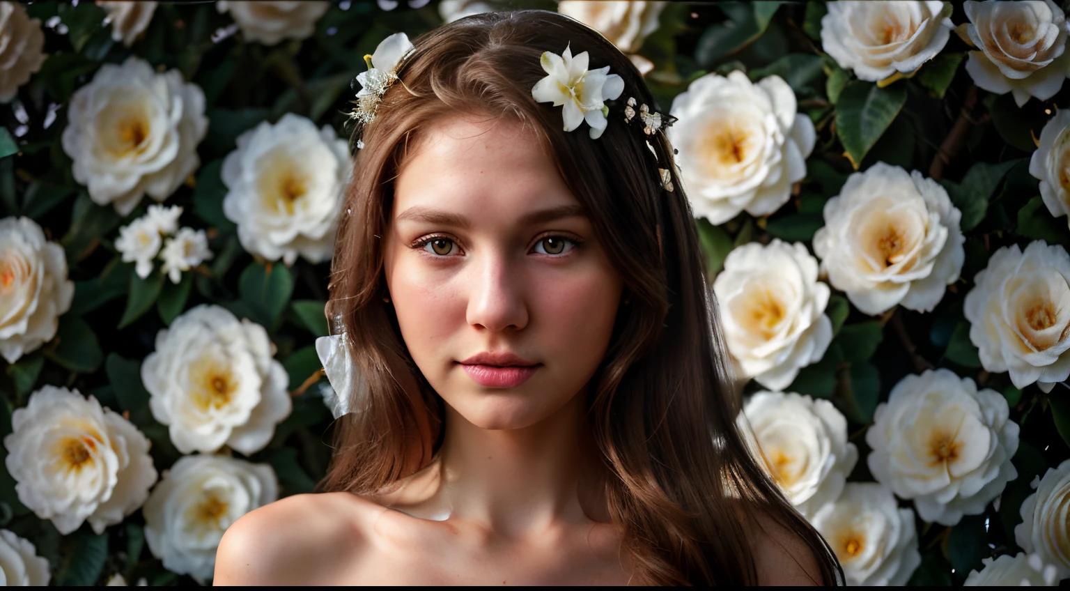 white camellia flowers, analog, Nikon Z 85mm, award winning glamour photograph,((best quality)), ((masterpiece)), ((realistic)), 25 year old, (long brown hair), hazel eyes, real life, ultra realistic, photorealism, photography, 8k uhd, photography, SEMI-SILHOUETTE light, russian face
