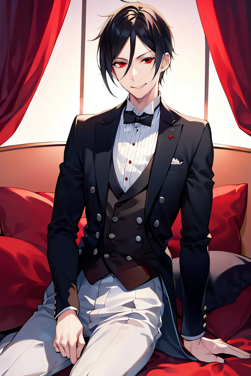 masterpiece, best quality, solo, 1boy, sebastianv1, butler, smile, red eyes,