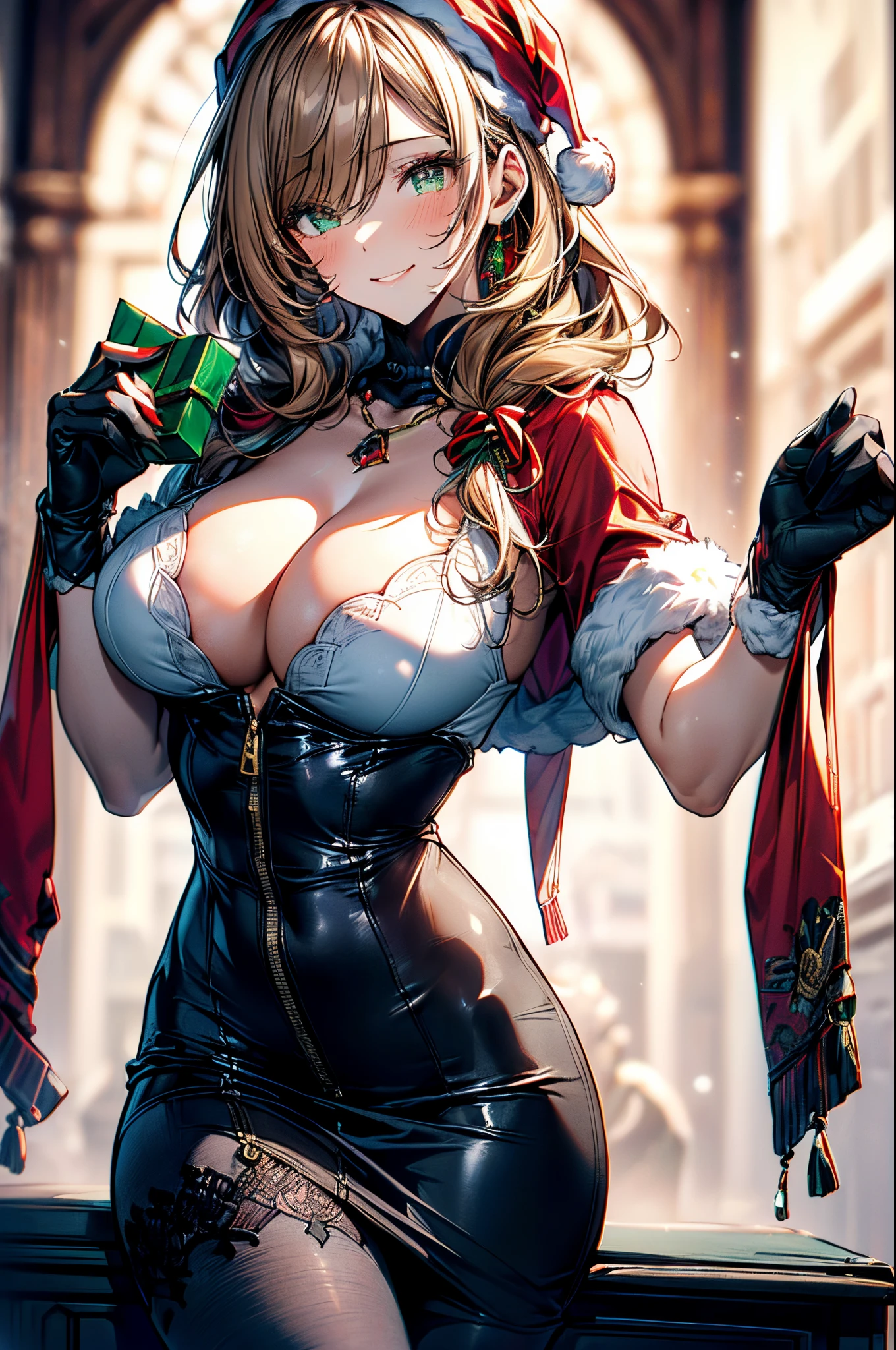 (Conceptual image board:1.3), ((matured girl wearing  Santa clause costume with far:1.3, red dress with green, holding a present box in both hands to give viewers:1.2, close to viewers:1.2)), a matured woman with long black hair and a red outfit, red winter coat with bore, scarfs, green ribbon tie, knee length long boots, red and green winter outfits, holding present box with wrapping by ribbon:1.5, Christmas tree decorated with many ornaments:1.2, white bags on a sled, wearing red pencil skirt, Arabic, bodyesbian, fine details, beautiful anime illustration, 28 years old, (milf:1.3), (solo:1.5), (sfw:1.25), (sagging , fuge , big , thin waist, big :1.2), Raised , (dark mahogany medium short hair, updo, hair over one eye, asymmetric hair, Carly hair, low tied braids), (musulman, white Headscarfs, hair bands, head vandage, Turban), (ultra high resolution, 8K RAW photo, photo realistics, thin outline:1.3, clear focus), best qualtiy, cinematic lighting, textile shading, blurry back ground, field of depth, bokeh, (Bright pupils, fine detailed beautiful eyes with highlight:1.3, super detailed eyes, high detailed face), Red lip, fine realistic skins:1.1, looking at viewers:1.3, (dynamic angle:1.3, full body:1.3, front view:1.1, tigh focus:1.3, from below:1.2), (dynamic posing:1.5,  posing:1.2, sitting with holding knees:1.3, leaning forward:1.2), (, shy happy smile:1.4), centered image, (wearing red long coat with bore and clothes, ((:1.37)), gold ornaments, rolling red clothes around waist, dark red long leather boots:1.3, translucent white lace pantyhose), (((correct :1.5, perfect hands:1.5, ideal ratio body proportions:1.37))), (in a night:1.3), (outdoor:1.2, in snow field:1.3, under starly sky),