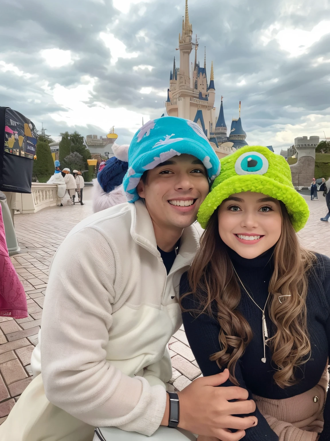 there are two people posing for a picture in front of a castle, disney!!, with a weird hat, cold as ice! 🧊, in disney, wearing a silly hat, monsters inc, ( castle in the background ), wearing a travel hat, with a castle in the background, disney 8 k photo, alien castle in background, cute hats, big disney eyes