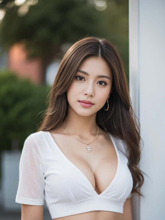 Brown hair, Long hair, Wavy Hair, depth of fields, Cinematic lighting, Blurry, Glowing light, Cowboy Shot, From below, Bokeh, Bokeh, Eye-Level Shot, F/1.2, 85 mm, Sony FE GM, hight resolution, Best Quality, high details, Super Detail, Textured skin, nffsw. Very beautiful 20 year old girl. Open Chest Cropped Hand T-Shirt. Exposed cleavage. Necklace. Beautiful armpits. High waist hot pants. high-heels. Gucci Handbags. Slim waist. lovely hip. Tall Girl. Leaning against the wall of the bus stop.