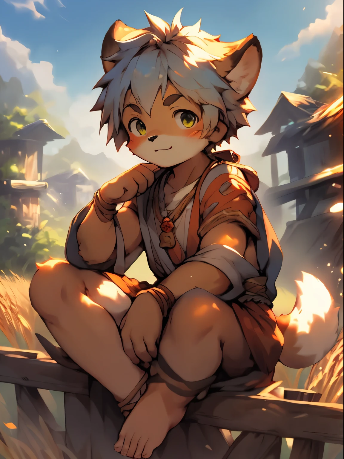 Zhao Weng,A leaned against the fence,Behind the fence are wheat fields, Cute and detailed digital art, Very very beautiful furry art, Detailed fanart, high-quality wallpaper, dress up as a fisherman 🧥, furry fantasy art, Popular topics on artstation pixiv, High-quality fanart, Human fox, cute fox(toddlers,b face,Libido boy,male people,Sit Pose,Topless,seminude),by Pino Deheni, Kanikai, Milk Tiger 1145, Dagasi, ys,