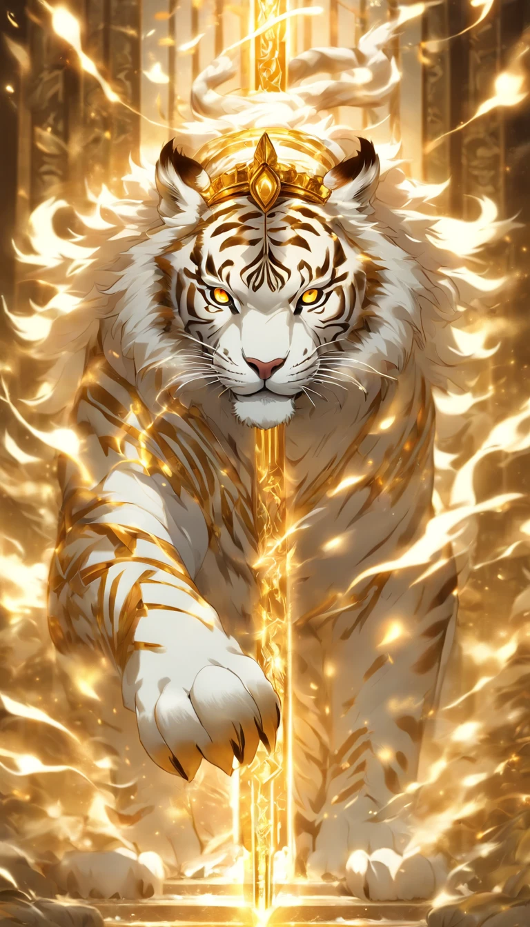 (best illumination, best shadow, masterpiece, best quality), a white tiger plushie on a bed with elaborate details, cute, natural lighting, clean lines, perfect illustration