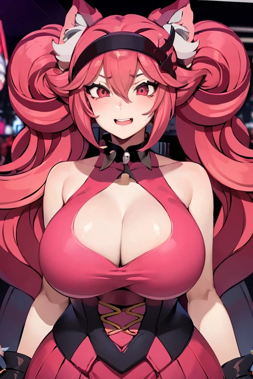 Anime girl with red hair and cat ears posing for the camera., OPPAI, biomechanical oppai, pechos grandes!, seductora chica de anime, Any, Oppai cyberpunk, con unos pechos grandes, shalltear from overlord, sonrisa sensual, escote, rias gremory, Marin Kitagawa Fanart, pechos grandes!!, con senos grandes