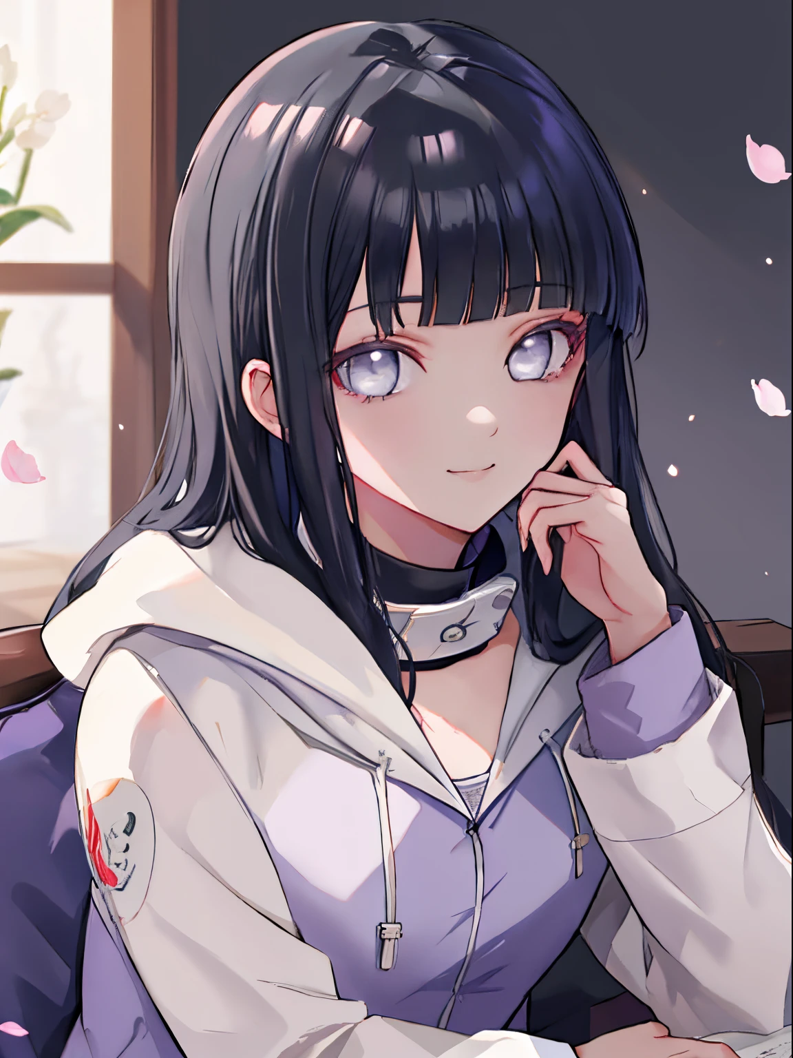 masuter piece, Best Quality, 超A high resolution, top-quality, Anime style, The best lighting, Beautiful face, Beautiful fece, ​masterpiece, top-quality, extra detailed face, Perfect litthing, 1girl in, Hinata, hyuga hyuga, bangss, empty_Eyes, Black_hair, blunt_Bangs, grey  eyes, Gray sleeves, head band_Around_Neck, Hi-Res, hime-cut, Hooded_Cardigan, long-sleeve, up looking_で_viewer, flower petals, A smile, 独奏, straight haired, hooded jacket, the perfect body, Sit on a chair