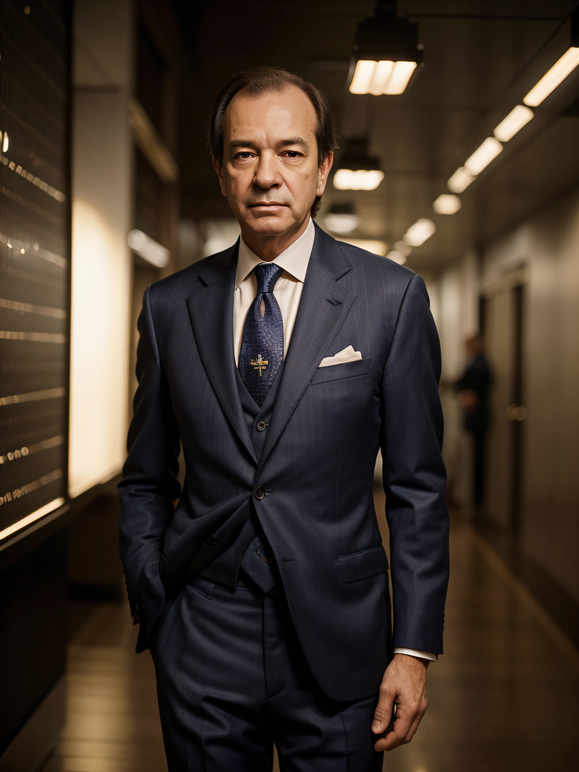 Famous trader John Paulson, wearing a suit, beautiful lighting, best quality, realistic, full-length portrait, realistic image, intricate details, depth of field. highly detailed