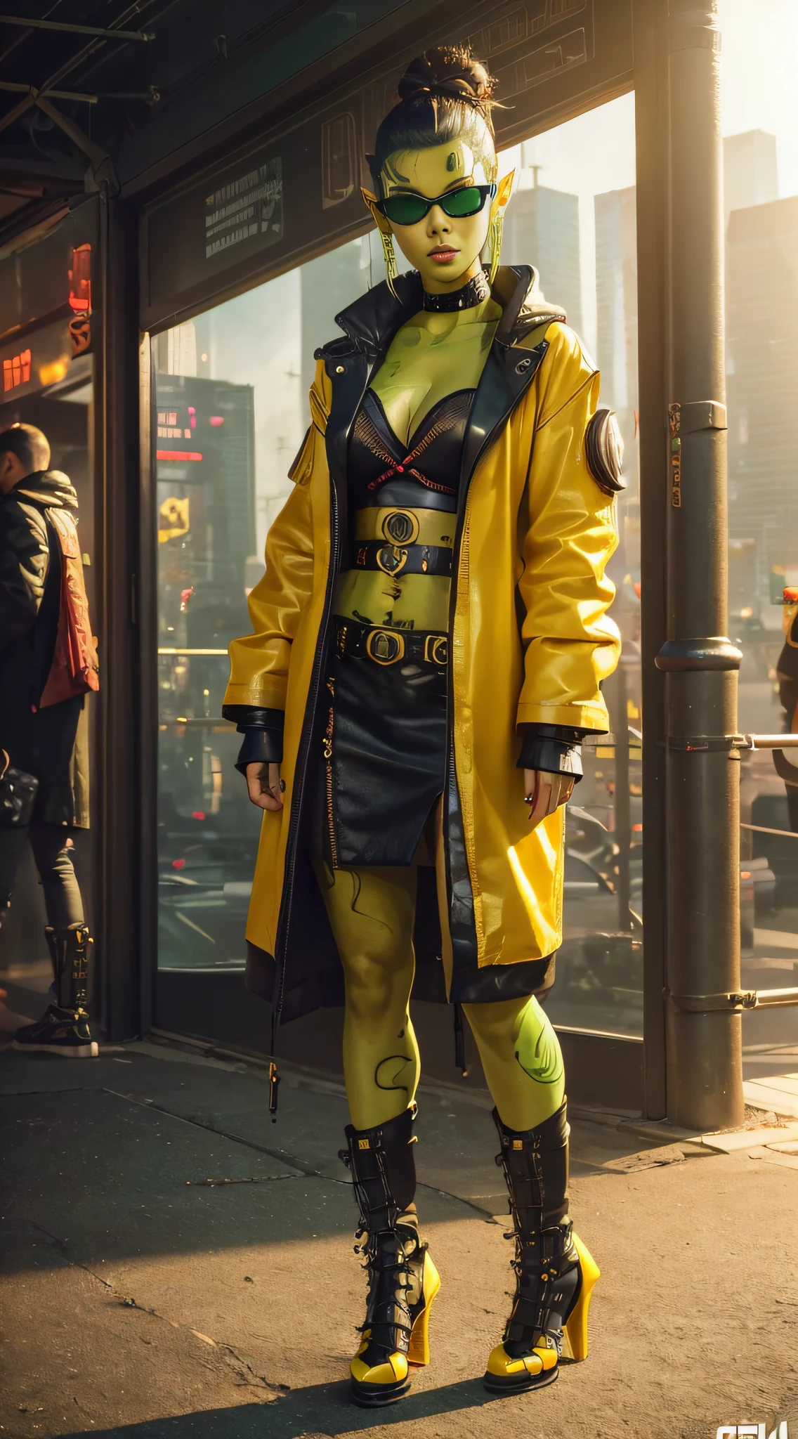 1girl, sexy githyanki, (green skin:1.4), cyberpunk, black short hair bun, orange eyes, pointy ears, (cyberpunk yellow coat:1.3), (cyberpunk high boots on heels:1.2), (cyberpunk sunglasses), belt, case, medium breasts, athletic, cyberpunk busy street, red lipstick, eyeliner, highly detailed face and eyes, (sunlight), (midday), best quality, masterpiece, realistic, anatomically correct, stunning details, intricate details, 8k post-production, high resolution, super details, trending on ArtStation, sharp focus, depth of field f/1.8, studio photos