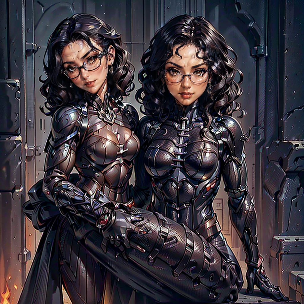 (CristinaBellaQuiron woman), dynamic pose, ((full body)), ((Black matte armor, )), (masterpiece, best quality), (detailed skin:1.3, detailed face:1.3), dslr,, ( Medium hair brown, ojou curls:1.2), wearing sexy glasses, Brown eyes, Mascara, High resolution, Ultra-pointu, 16k, Masterpiece, from side, smile,