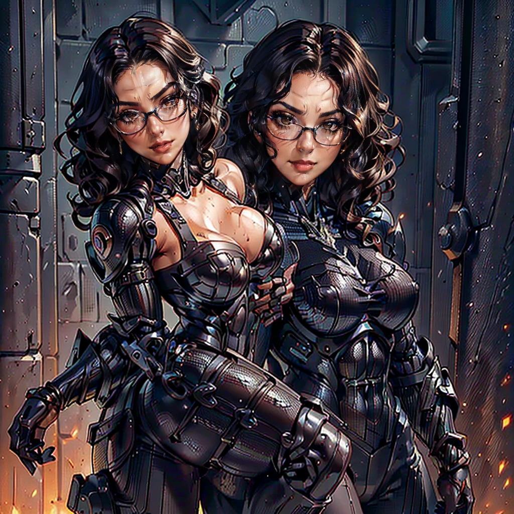 (CristinaBellaQuiron woman), dynamic pose, ((full body)), ((Black matte armor, )), (masterpiece, best quality), (detailed skin:1.3, detailed face:1.3), dslr,, ( Medium hair brown, ojou curls:1.2), wearing sexy glasses, Brown eyes, Mascara, High resolution, Ultra-pointu, 16k, Masterpiece, three sided view, smile,