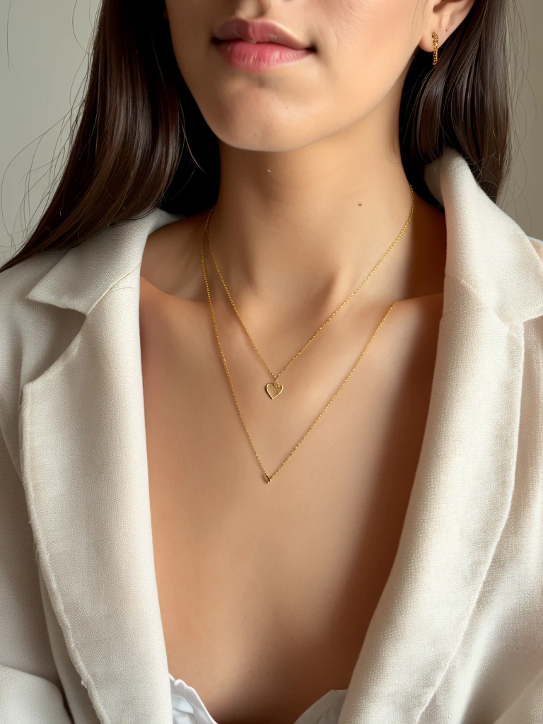 Photo from neck to bottom of chest with golden hair, beautiful breasts and drops on the skin, with a chain around the neck and dark light with a beautiful, but a tight chain and the hair should be lighter, Frontal angle, there should be a lot of drops on the skin, breasts visible without nipples