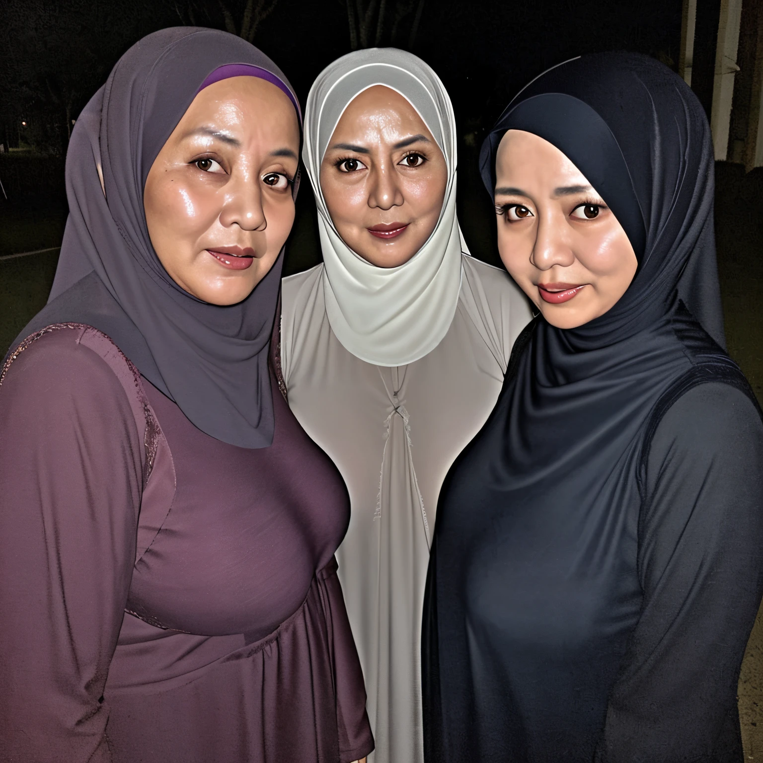 Two Woman, 56 years Old, Hijab Indonesian mature woman, Big Tits : 43.9, Gamis, curvy body, Breast about To burst out from her clothes, at doctor office, Dark light, at Nighttime.