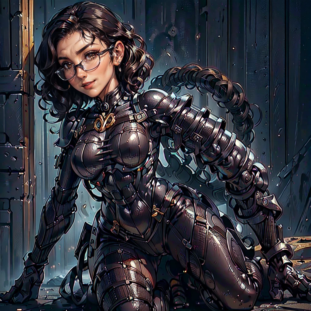 (CristinaBellaQuiron woman), dynamic pose, ((full body)), ((Black matte armor, )), (masterpiece, best quality), (detailed skin:1.3, detailed face:1.3), dslr,, ( Medium hair brown, ojou curls:1.2), wearing sexy glasses, Brown eyes, Mascara, High resolution, Ultra-pointu, 16k, Masterpiece, from behind, smile,