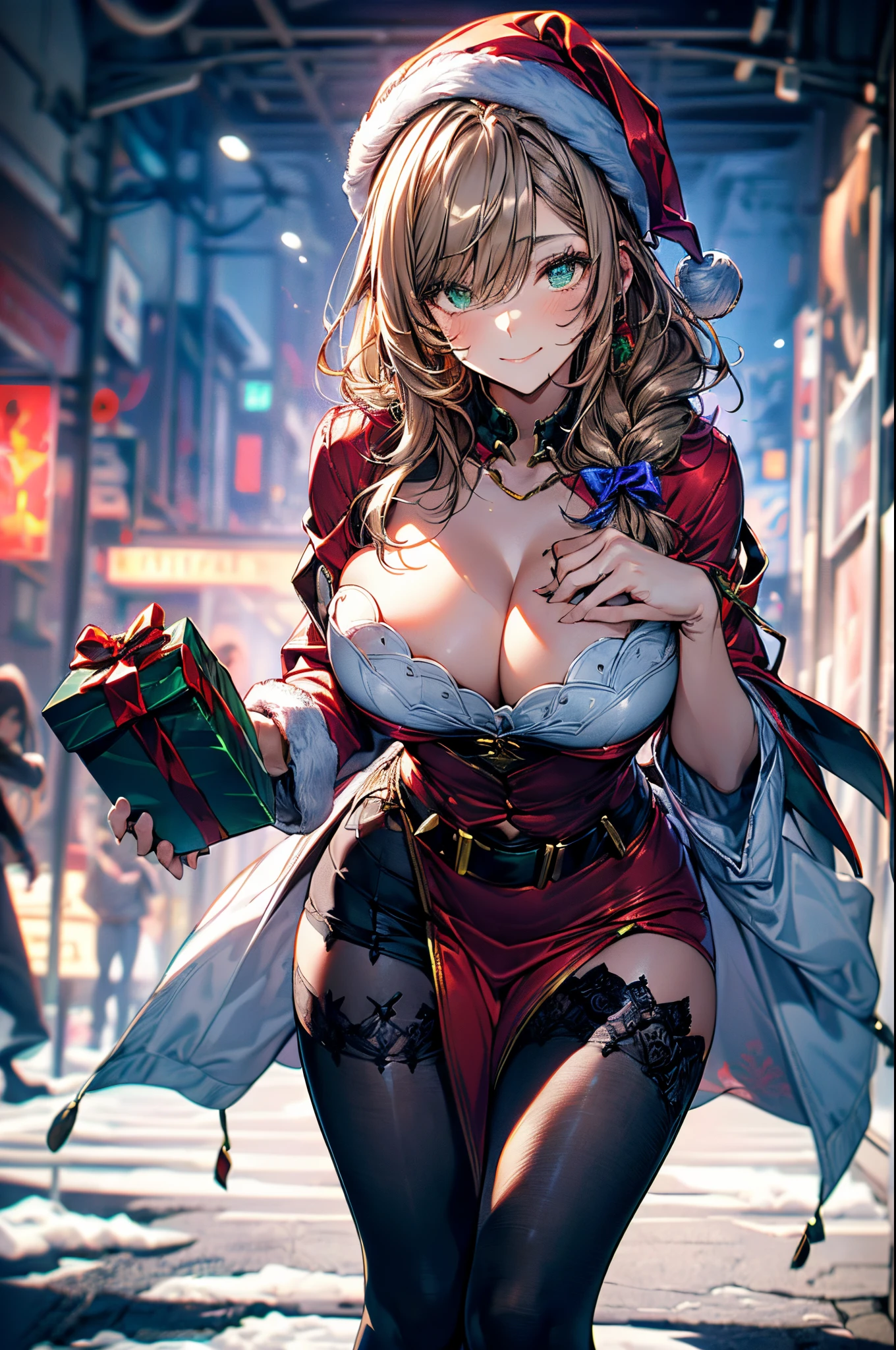 (Conceptual image board:1.3), ((matured girl wearing Sexy Santa clause costume with far:1.3, red dress with green, holding a present box in both hands to give viewers:1.2, close to viewers:1.2)), a matured woman with long black hair and a red outfit, red winter coat with bore, scarfs, green ribbon tie, knee length long boots, red and green winter outfits, holding present box with wrapping by ribbon:1.5, Christmas tree decorated with many ornaments:1.2, white bags on a sled, wearing red pencil skirt, Arabic, bodyesbian, fine details, beautiful anime illustration, 28 years old, (milf:1.3), (solo:1.5), (sfw:1.25), (sagging breast, fuge breasts, big tits, thin waist, big ass:1.2), Raised sexy, (dark mahogany medium short hair, updo, hair over one eye, asymmetric hair, Carly hair, low tied braids), (musulman, white Headscarfs, hair bands, head vandage, Turban), (ultra high resolution, 8K RAW photo, photo realistics, thin outline:1.3, clear focus), best qualtiy, cinematic lighting, textile shading, blurry back ground, field of depth, bokeh, (Bright pupils, fine detailed beautiful eyes with highlight:1.3, super detailed eyes, high detailed face), Red lip, fine realistic skins:1.1, looking at viewers:1.3, (dynamic angle:1.3, full body:1.3, front view:1.1, tigh focus:1.3, from below:1.2), (dynamic posing:1.5, sexy posing:1.2, sitting with holding knees:1.3, leaning forward:1.2), (seductive, shy happy smile:1.4), centered image, (wearing red long coat with bore and clothes, ((bare breast:1.37)), gold ornaments, rolling red clothes around waist, dark red long leather boots:1.3, translucent white lace pantyhose), (((correct anatomy:1.5, perfect hands:1.5, ideal ratio body proportions:1.37))), (in a night:1.3), (outdoor:1.2, in snow field:1.3, under starly sky),