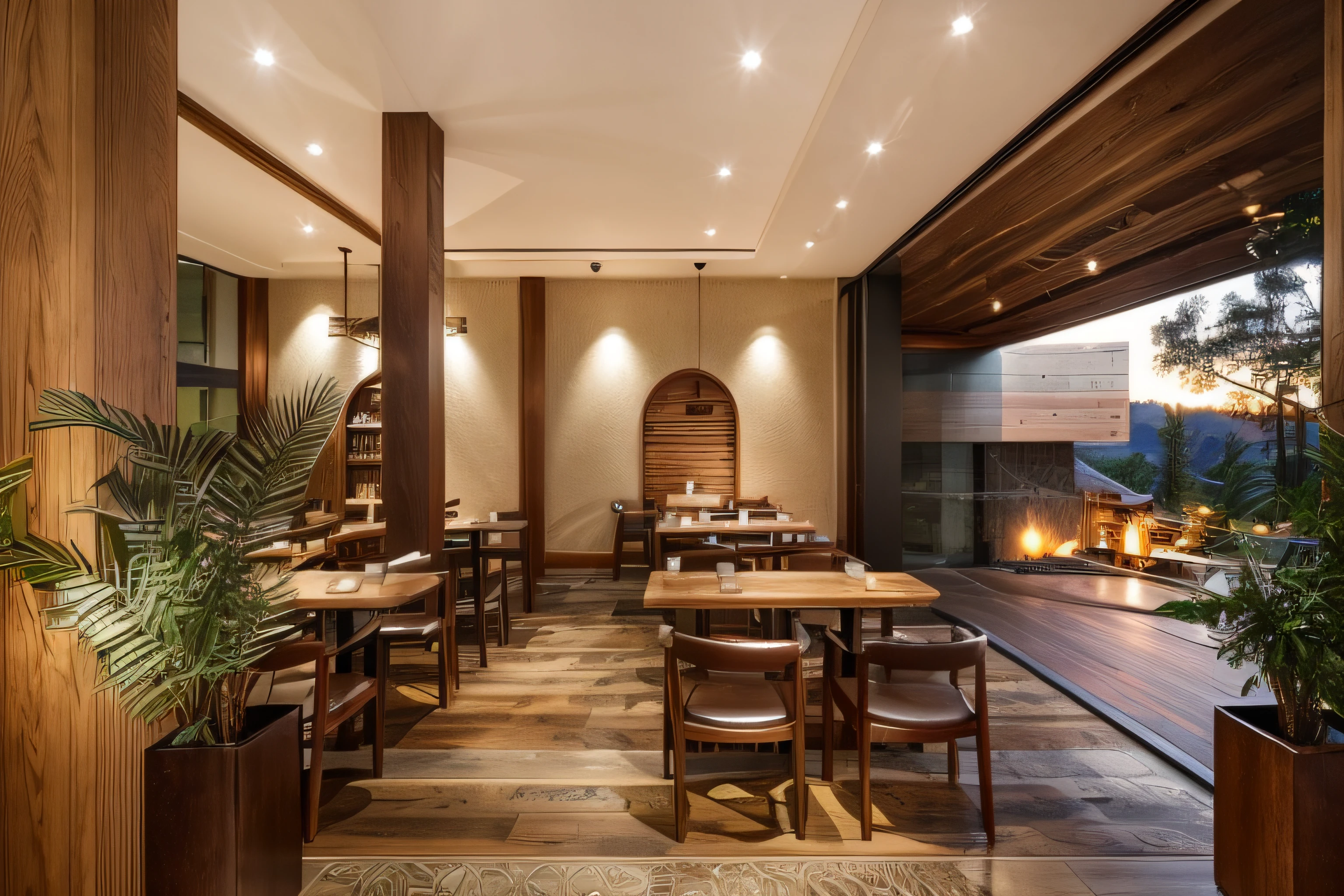 (Red wood color:1.2), This cafe is designed with a delicate blend of natural beauty and the warmth of oak or redwood. The interior space is adorned with natural elements such as plants, stones, water features, and landscapes, creating an environment closely tied to nature. Oak or redwood is widely used in the interior, from chairs and tables to bookshelves and the coffee counter. The inherent natural essence of wood provides a cozy atmosphere and a sense of intimacy, accentuating the beauty of natural materials. Traditional lighting fixtures are used to create focal points and provide warm illumination to the space. These lights often have classic designs, intricate patterns, or are crafted from natural materials like copper, precious stones, or glass, adding sophistication and uniqueness to the cafe. Greenery is strategically placed throughout the space, not only softening the industrial feel of the interior but also introducing natural color accents, fostering a tranquil and serene ambiance. Water features, stones, and Feng Shui elements are meticulously arranged to enhance attractiveness and instill a sense of relaxation for customers. Overall, this cafe boasts a rustic space closely connected to nature, providing a place where individuals can unwind, relish in a serene ambiance, and appreciate the refined beauty resulting from the fusion of natural wood and other elements from nature.