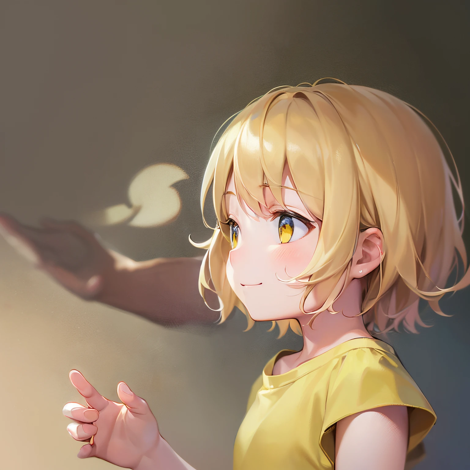 looking away, Side angle, masterpiece、hightquality、(blonde short hair, yellow eyes)、5-year-old girl、child, (Alone:1.5)、Wearing a pink T-shirt、Hands raised、(The upper body of the subject is shown:1.3)、(Smiling expression:1.1)、Bold composition、The background is a park