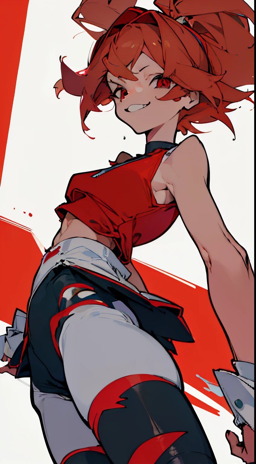 ((top-quality)), ((masterpiece)), ((ultra-detailliert)), (extremely delicate and beautiful), adult lady, 独奏,Pokémon Characters、haruka、(Sports tights,Red tank top、Red bandana) (Vicious look、Vulgar smile)