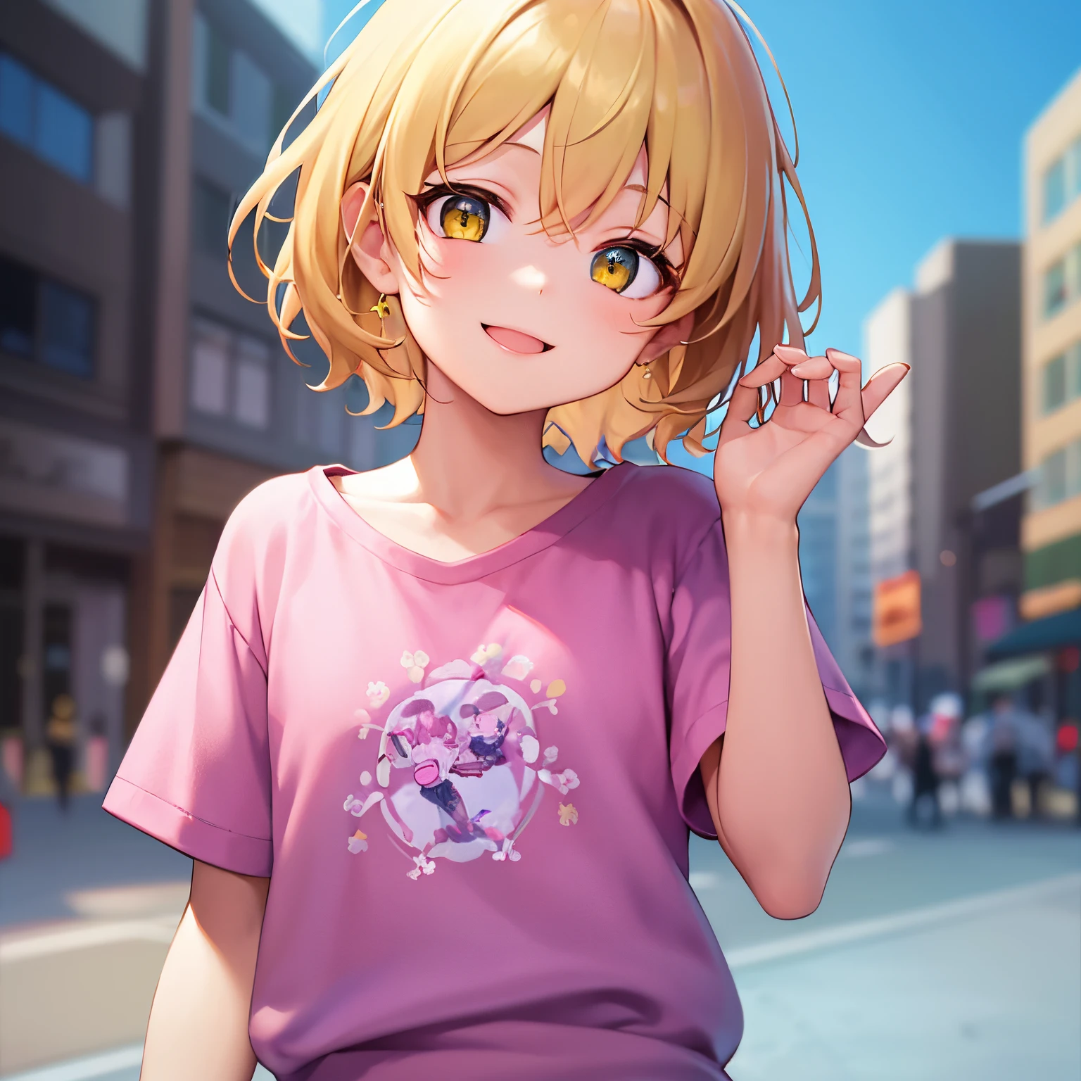 ​masterpiece、hightquality、(blonde short hair, yellow  eyes)、***************、(Alone:1.5)、Wearing a pink T-shirt、Hands raised、The upper body of the subject is shown、(Smiling expression:1.1)、Bold composition、The background is a park