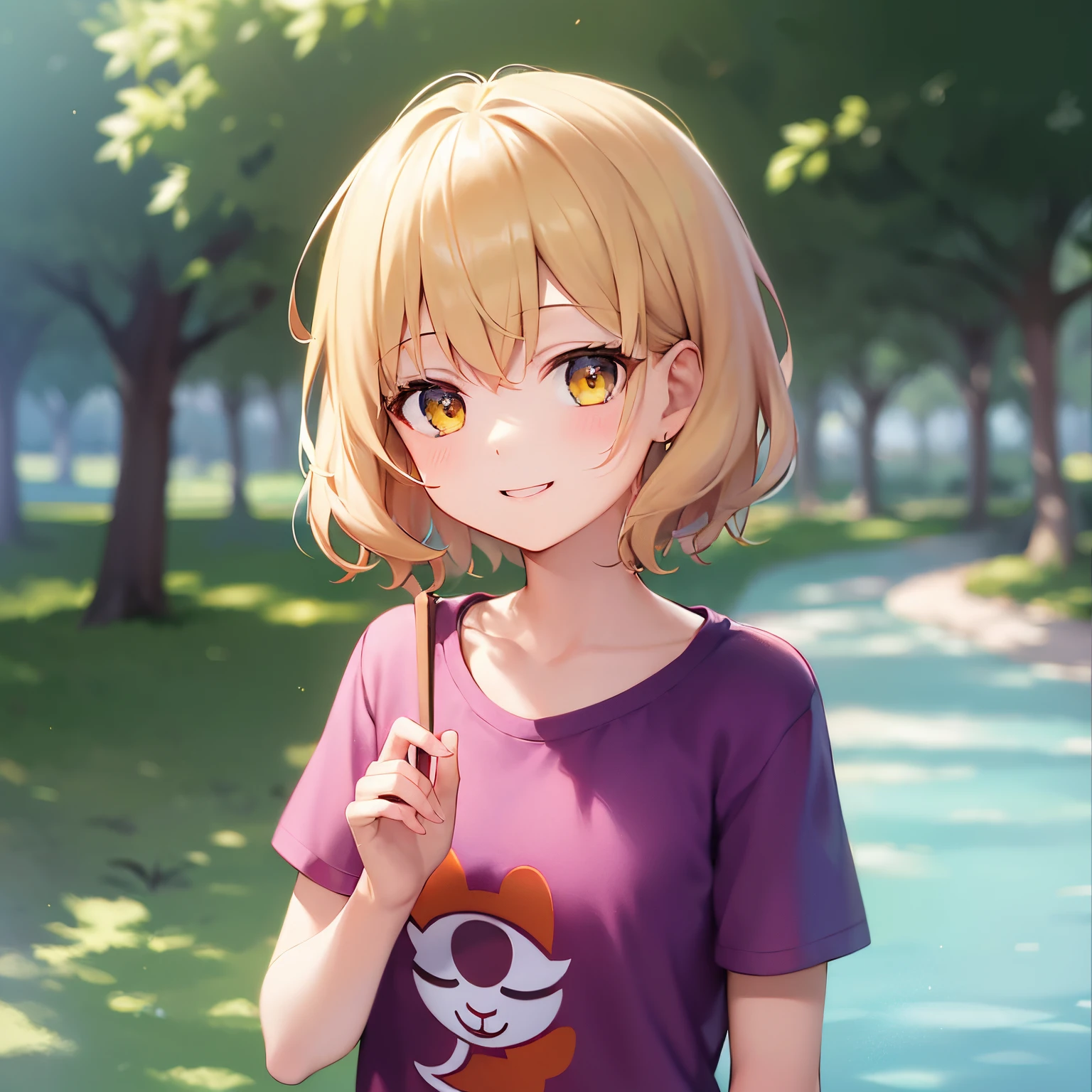 ​masterpiece、hightquality、(blonde short hair, yellow  eyes)、***************、(Alone:1.5)、Wearing a pink T-shirt、Hands raised、The upper body of the subject is shown、(Smiling expression:1.1)、Bold composition、The background is a park