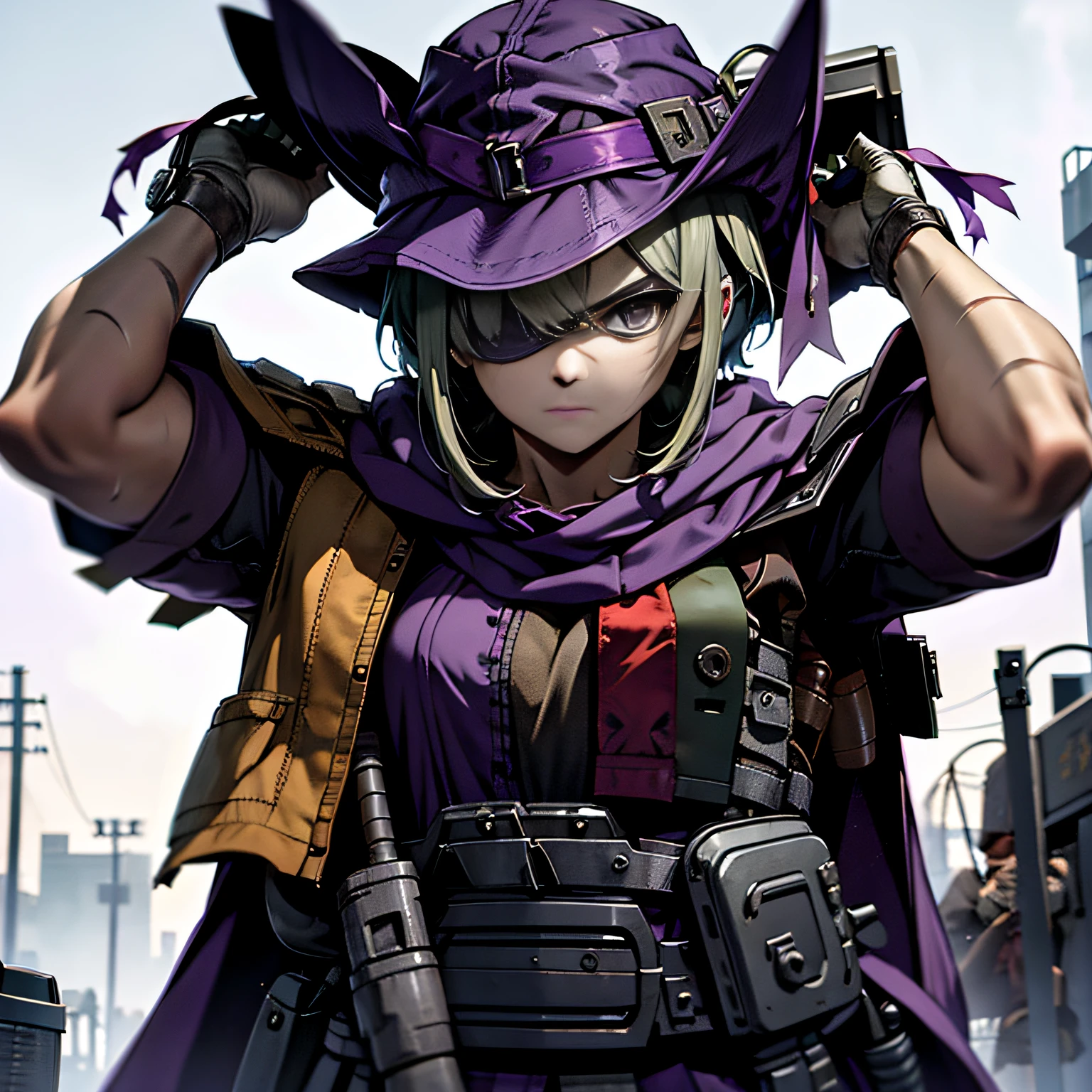 top-quality、extremely delicate and beautiful、(A teenage girl)、Purple Eye、Green hair、short-haired、(purple witch hat)、Purple tie、Soio、shortsleeves、Purple skirt、Tactical Vest,Purple Wizard Robe、Have an M4 assault rifle、Navel、is standing、Facing the front、Expression of hatred、Dark background、Only eyes、(One-eye hide)、Scar on one eye