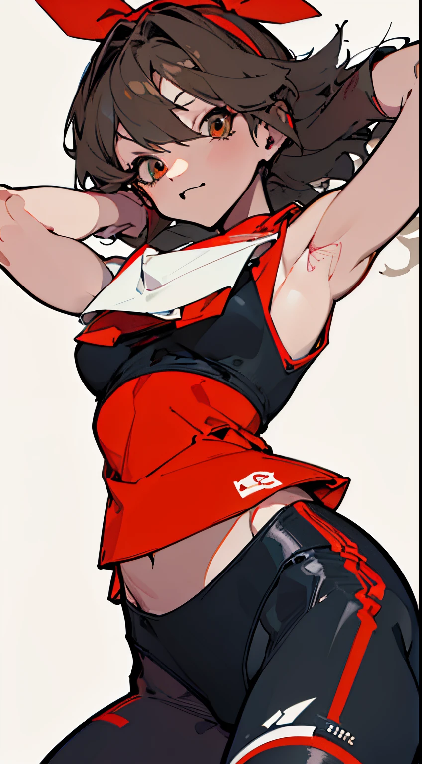 ((top-quality)), ((​masterpiece)), ((ultra-detailliert)), (extremely delicate and beautiful), adult lady, 独奏,Pokémon Characters、haruka、(Sports tights,Red tank top、Red bandana) cold attitude,She is very(relax)with  the(Settled down)Visible ferocious expression,depth of fields,evil smile