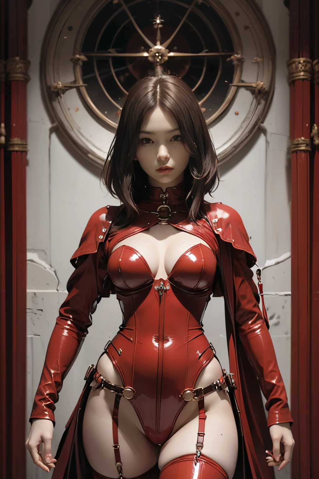 Japanese maiden posing in red rubber corset,((small tits,well-shaped bust,slim body and constricted waist,,,,,,,,,,,,,,,,,,)),,,,,,,,, (((Absolute full-length images,front-facing view))),red rubber panties,Sexy corset, Long rubber boots, Bondage style,short hair of dark chestnut color,,,,,,,,,,,,,Inside the cathedral