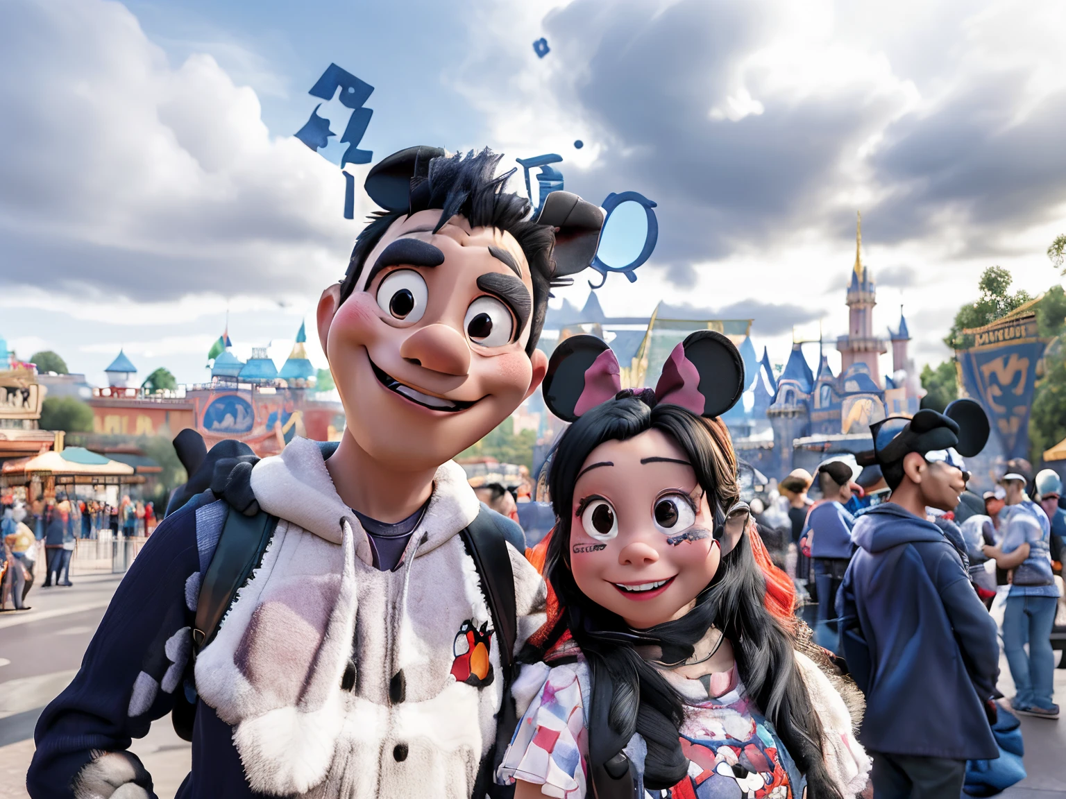 there are two people wearing masks and posing for a picture, disney 8 k photo, disney land, photo taken in 2 0 2 0, mickey mouse ears, mouse ears, disneyland, disney!!, disneyland as backdrop, taken in 2 0 2 0, background is disneyland castle, vacation photo, disney artist, taken with sony alpha 9, Danial and Janette