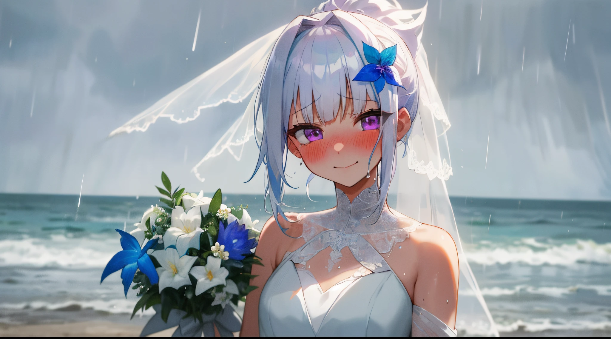 One girl with ponytail hair, bangs, white hair, blue inner hair, purple eyes, looking at viewer, blushing, embarrassed, little smile, tears, wedding venue, beach, flower, wedding dress, bridal veil, upper body, rainy atmosphere, hair ornament, wet hair, overcast