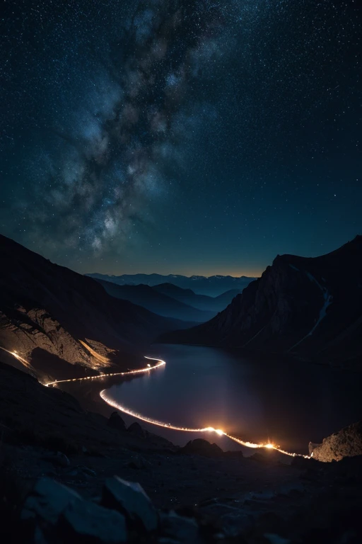 Sebastiao Salga Landscape Works,, Glowing landscape, Post-processing,mountains in darkness，There are some stars at night,  Acrylic paints, 32k ULTRAHD, karas ionute, oriental imagery, Skin Illustration