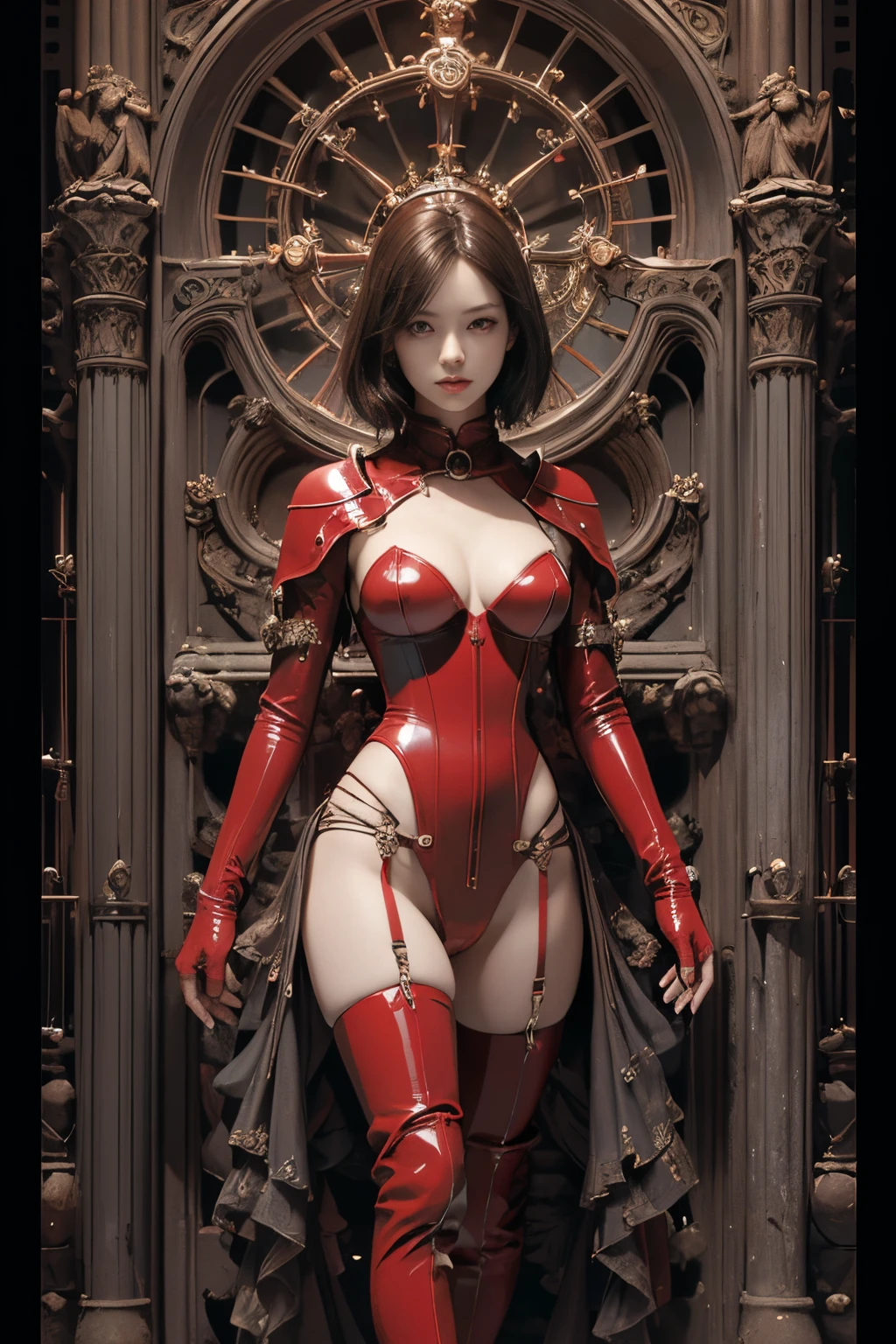 Japanese maiden posing in red rubber corset,((small tits,well-shaped bust,slim body and constricted waist,,,,,,,,,,,,,,,,,,)),,,,,,,,, (((Absolute full-length images,front-facing view))),red rubber panties,Sexy corset, Long rubber boots, Bondage style,short hair of dark chestnut color,,,,,,,,,,,,,Inside the cathedral