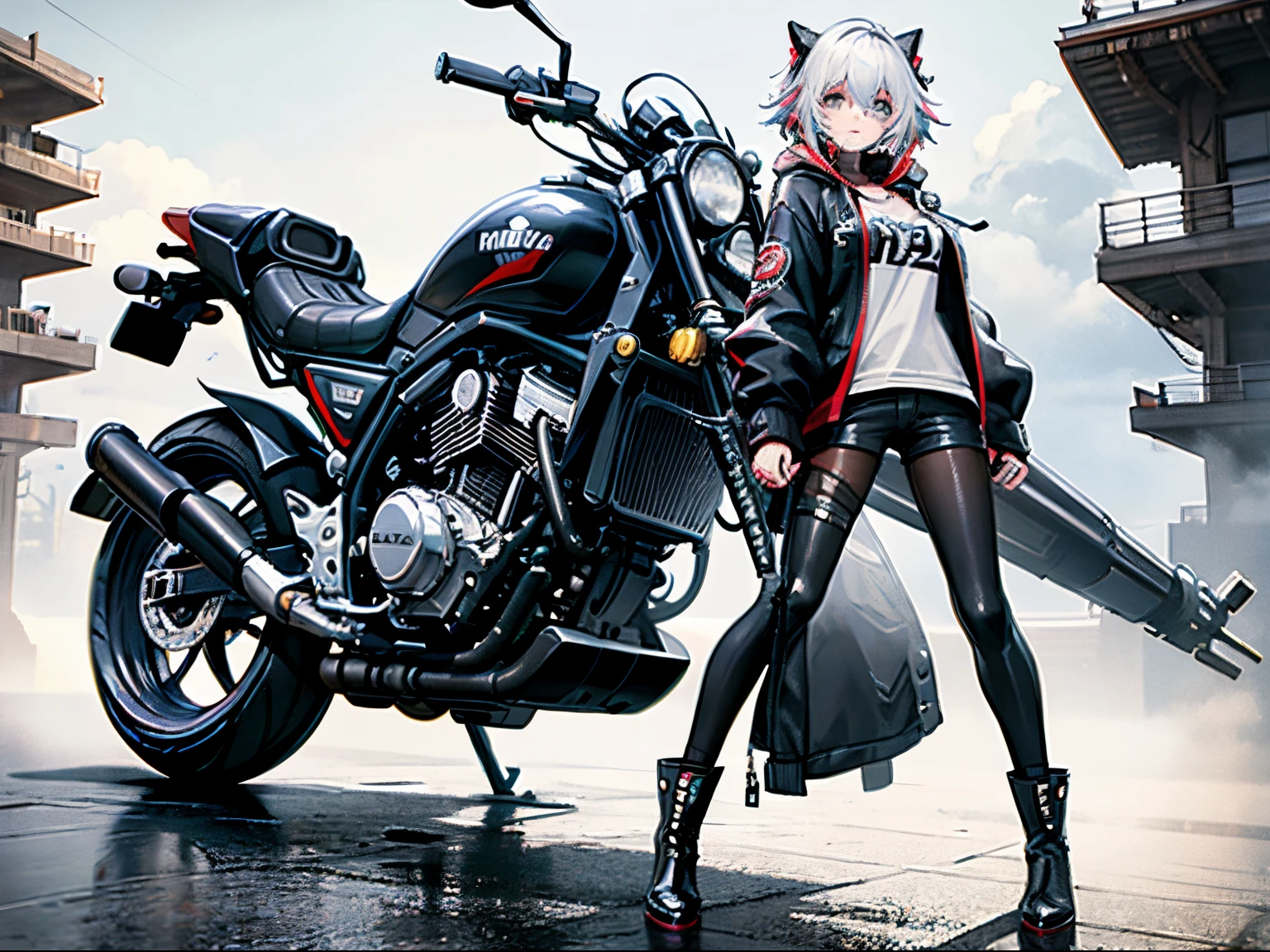 cyberpunked、girl with2a person、mechanic、comical、Anime style、white hair、motor bikes、leather jackets、punk coloring、sity、nightcity、Street、doodle、parka、Mature、Tall Woman、Military、long boots、missiles