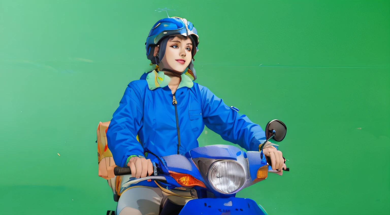 a sketch anime girl with smiling face, who wearing blue jacket and blue helmet, she riding a blue motorcycle, looking in her hand