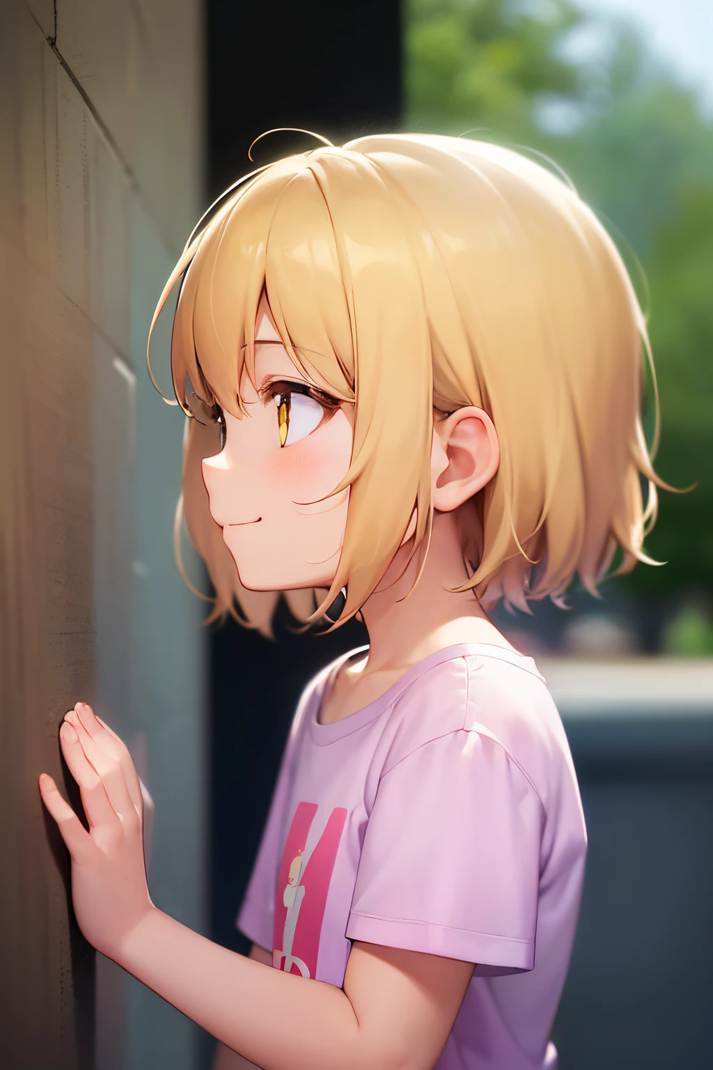 (looking away:1.2), Side angle, masterpiece、hightquality、(blonde short hair, yellow eyes)、5-year-old girl、child, (Alone:1.5)、Wearing a pink T-shirt、Hands raised、(The upper body of the subject is shown:1.3)、(Smiling expression:1.1)、Bold composition、The background is a park