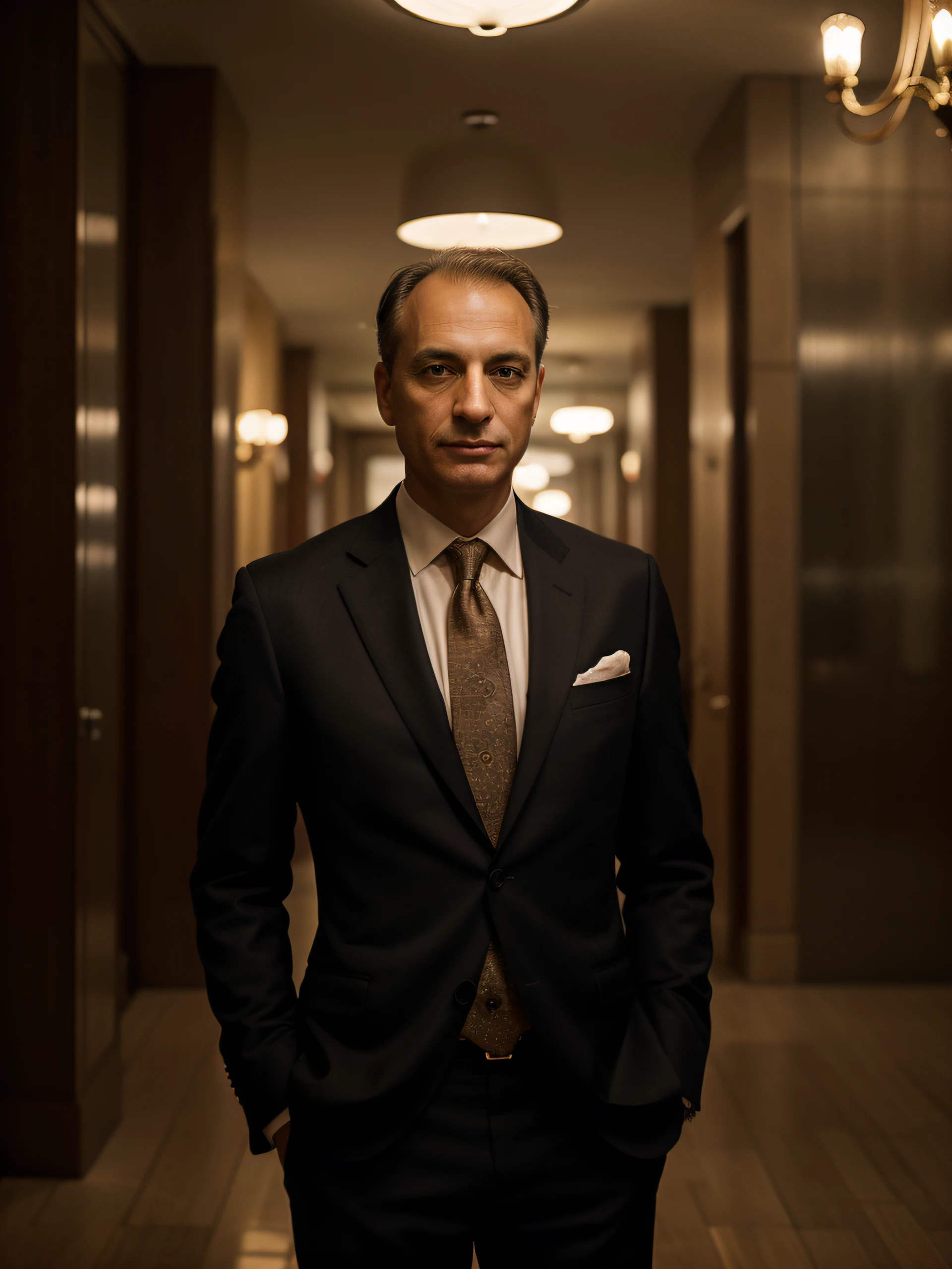Famous trader Victor Niederhoffer, wearing a suit, beautiful lighting, best quality, realistic, full-length portrait, realistic image, intricate details, depth of field. highly detailed