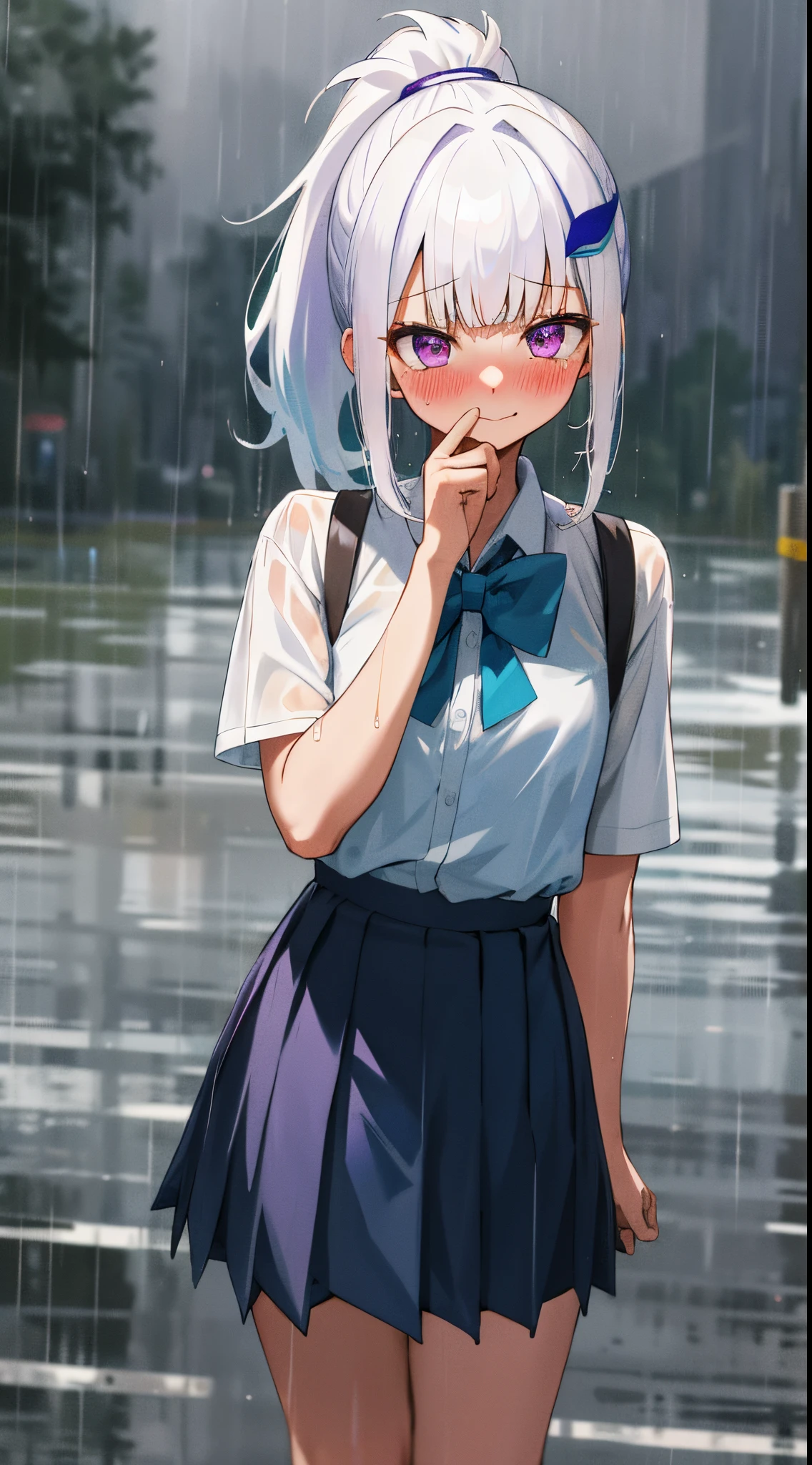 One girl with ponytail hair, bangs, white hair, blue inner hair, purple eyes, looking at viewer, blushing, embarrassed, little smile, tears, white shirts, bowtie, school girl, mini skirt, thigh, rainy atmosphere, hair ornament, wet hair, overcast, standing in the middle of rain