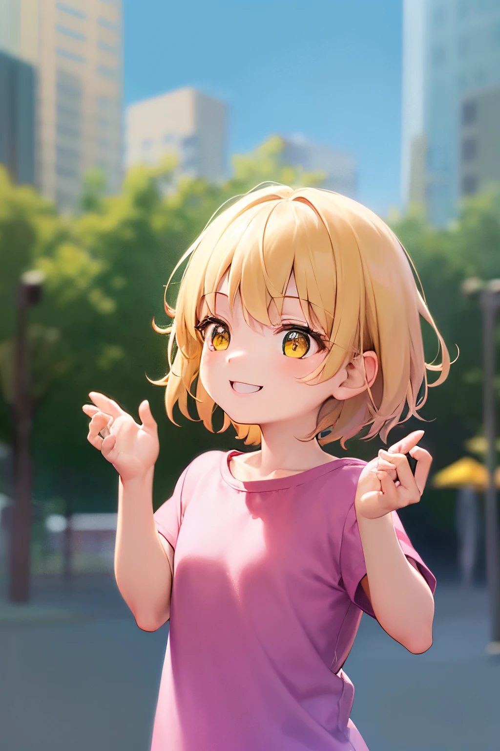 (looking away:1.2), Side angle, ​masterpiece、hightquality、(blonde short hair, yellow  eyes)、5-year-old girl、child, (Alone:1.5)、Wearing a pink T-shirt、Hands raised、(The upper body of the subject is shown:1.3)、(Smiling expression:1.1)、Bold composition、The background is a park