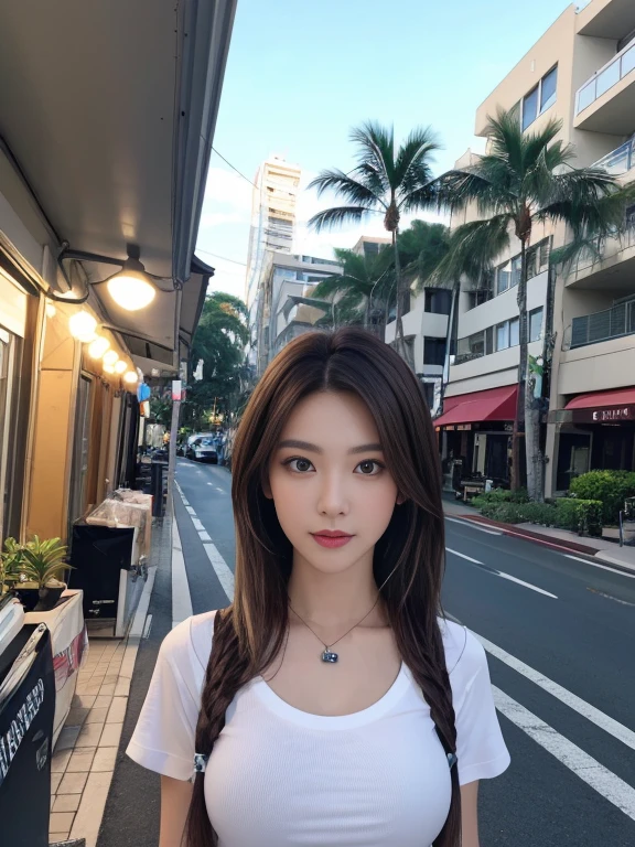 ((Realistic lighting、top-quality、8K、Master masterpiece:1.3))、Clear focus:1.2、a 1 girl、Perfect Body Beauty:1.4、Slim abs:1.1、full body Esbian、((dark brown hair、large full breasts:1.3))、(Acceleration:1.4)、(outside of house、Daylight:1.1)、View of Waikiki Beach、Palm Tree、Slender face、Fine eyes、二重まぶた、Fashion Model Pose、Floating hair、tshirts、Pendants、