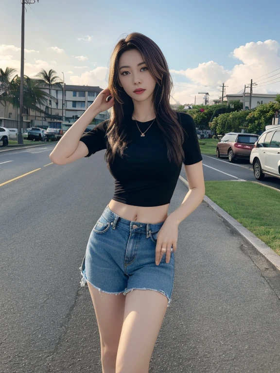 ((Realistic lighting、top-quality、8K、Master masterpiece:1.3))、Clear focus:1.2、a 1 girl、Perfect Body Beauty:1.4、Slim abs:1.1、full body Esbian、((dark brown hair、large full breasts:1.3))、(Acceleration:1.4)、(outside of house、Daylight:1.1)、View of Waikiki Beach、Palm Tree、Slender face、Fine eyes、二重まぶた、Fashion Model Pose、Floating hair、tshirts、Pendants、
