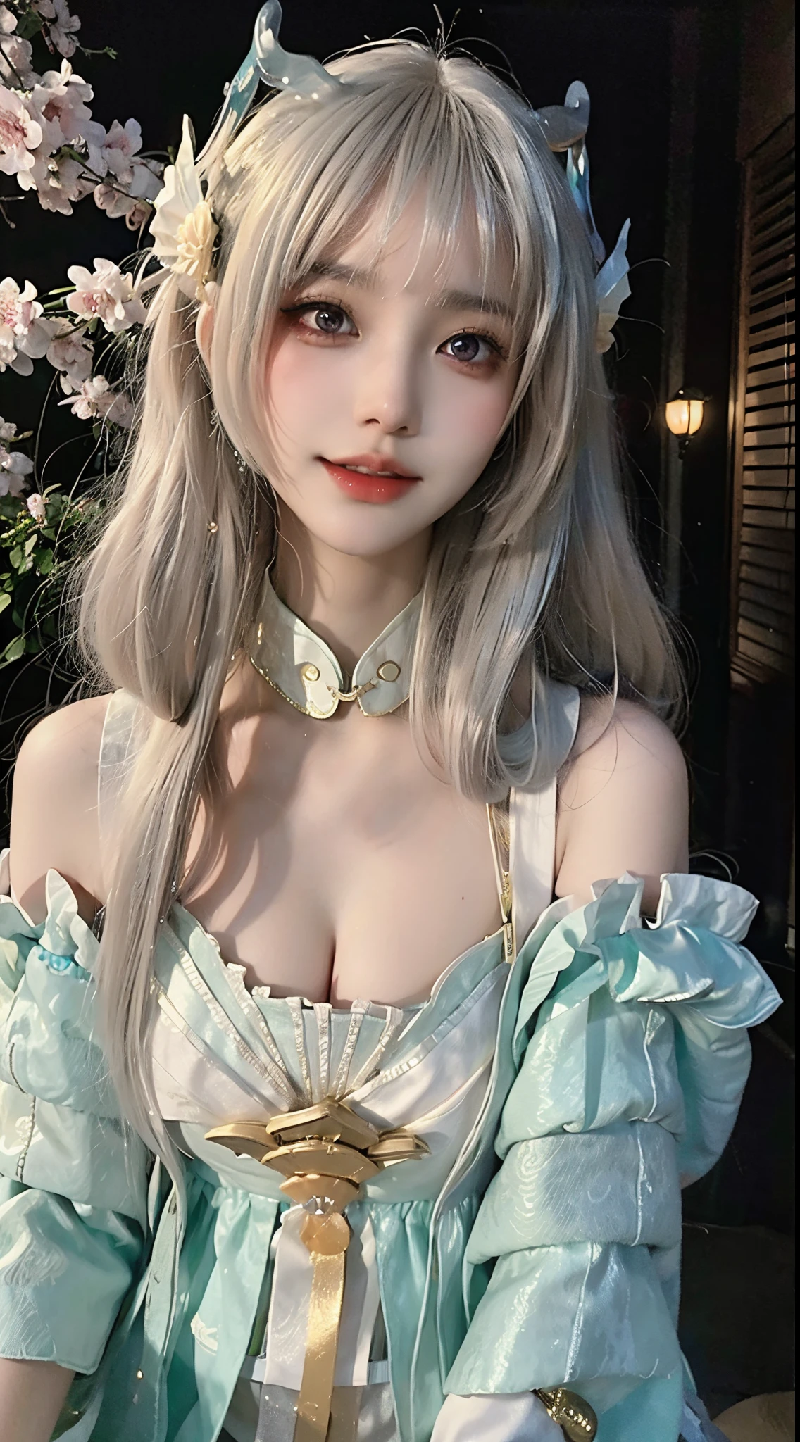 (ulzzang-6500-v1.1:0.8),(RAW photogr:1.2),((realistically:1.4)),(Upper part of the body),Best quality at best ,tmasterpiece, Extremely Delicately Beautiful, The content is very detailed ,CG ,unified ,8k wallpaper, Amazing cleavage, Detailed pubic hair, tmasterpiece,Best quality at best,offcial art,extremely detaild的 CG unified 8k wallpapers,Ridiculous resources, Extremely ridiculous, Larger file size, ultra - detailed, A high resolution, The content is very detailed,Beautiful Meticulous Girl, Extremely detailed eyes and face, beautidful eyes,There is light on the face,电影灯光,1 plump girl,looking at viewert,east asian architecture,(vague background:1.2),Sakura NS, lantern light, depth of fields,