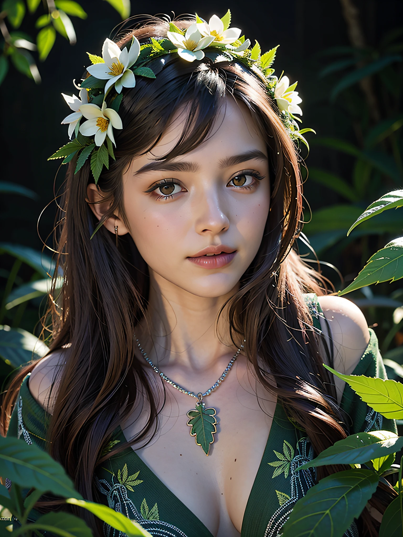 1girl, photo of marijuana, cannabis leaves, Cannabis flower bouquet, hemp print, Blurry eyes, humanoid body composed entirely of flowers and foliage, skin green and composed of intricately detailed leaves and vines, lush enchanted forest background, butterflies, light effect of flowering, divine rays, lights and glowing specks of dust, masterpiece, detailed, highest quality, hasselblad, photorealistic, natural light