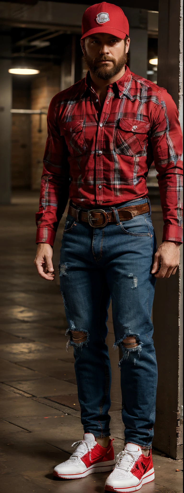 Red long-sleeved plaid shirt, open, no shirt