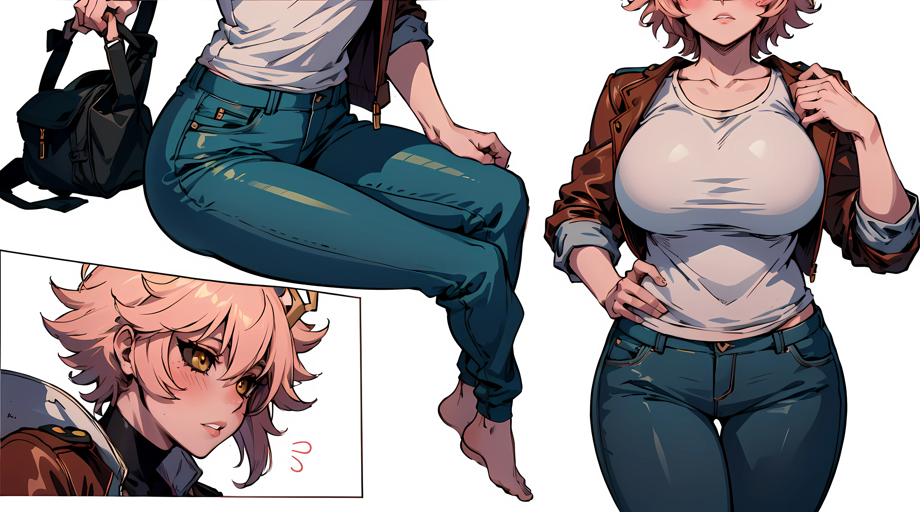 (best quality:1.3), (4k quality), 1 mature woman, Mina Ashido by boku no hero, ((Detailed face)), (blush), city, (pants leather)