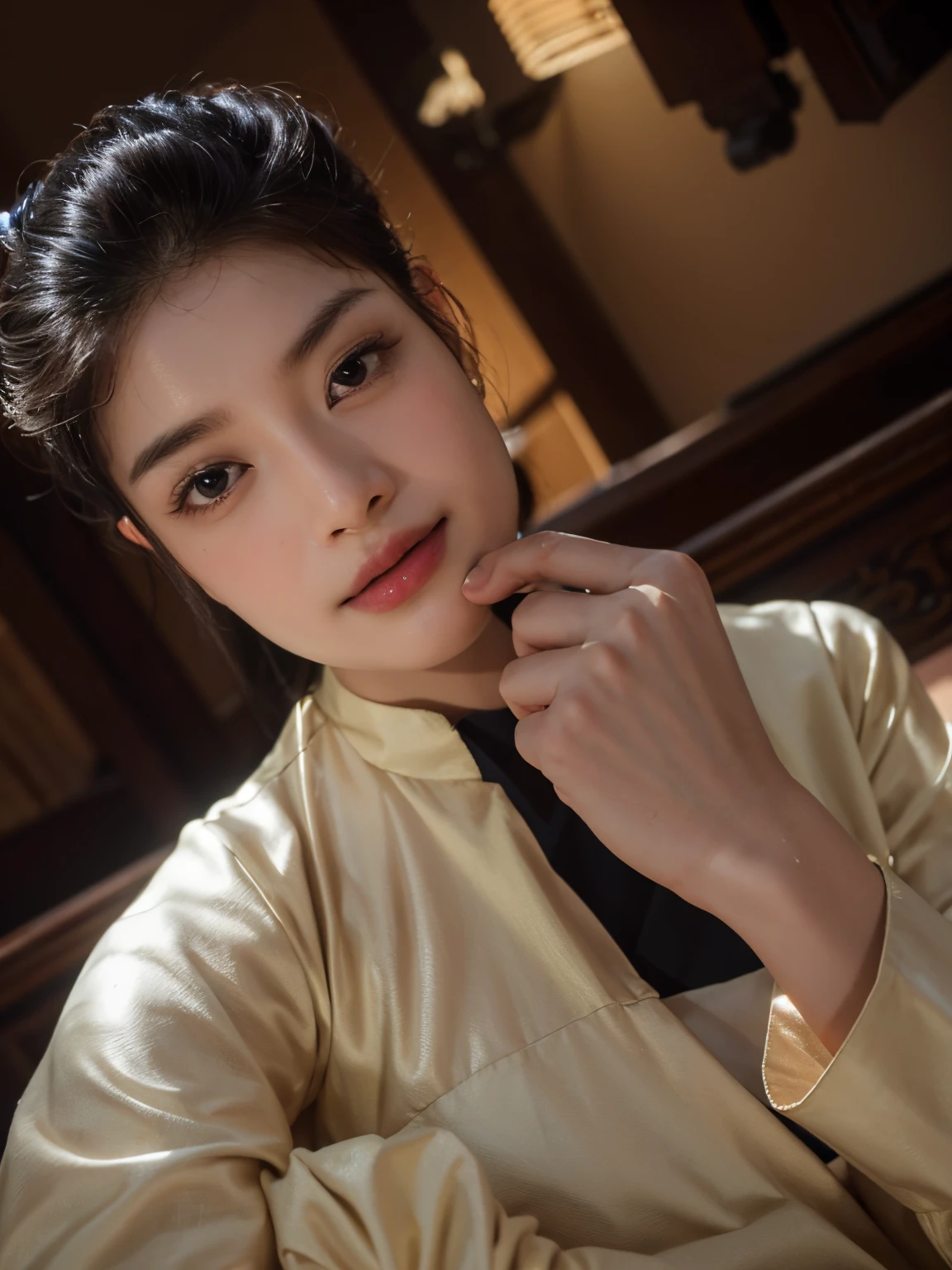 best quality, masterpiece, highres, 1girl,china dress,hair ornament,necklace, jewelry,Beautiful face,upon_body, tyndall effect,photorealistic, dark studio, rim lighting, two tone lighting,(high detailed skin:1.2), 8k uhd, dslr, soft lighting, high quality, volumetric lighting, candid, Photograph, high resolution, 4k, 8k, Bokeh, .Jinstyle, building
