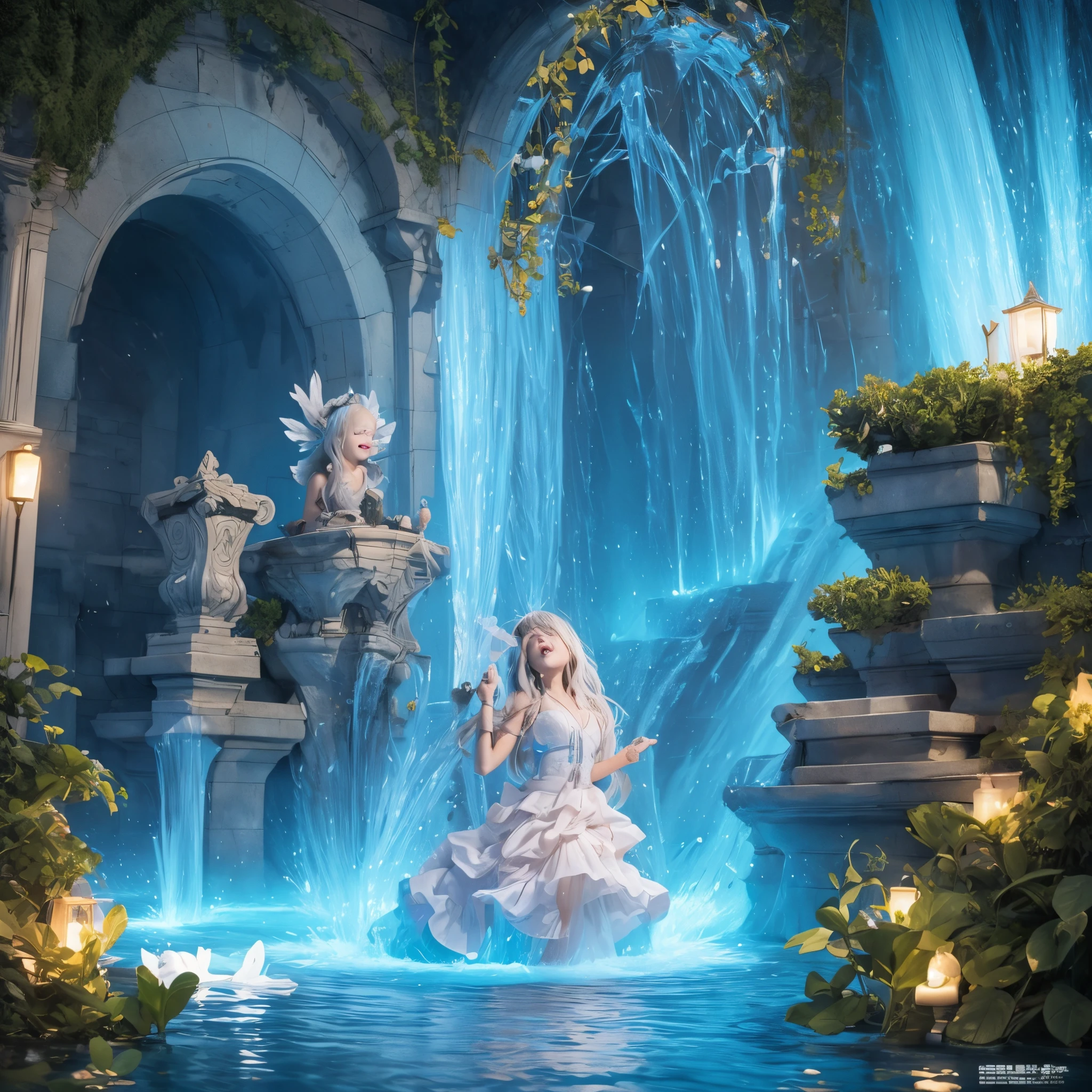 (​masterpiece), realistic, cinematic light,10-year-old girls are frolicking under the fountain, full body, from below and side, beautiful eyes, silver hair, perfect ???????, very cute, (blue eyes), bio luminescent, 8 class large, 8K, human hands, character sheets, concept-art, smooth and detailed hairstyle, Fractal art, splash, eyes shed tears while holding back the pain, open mouth and stick your tongue out,