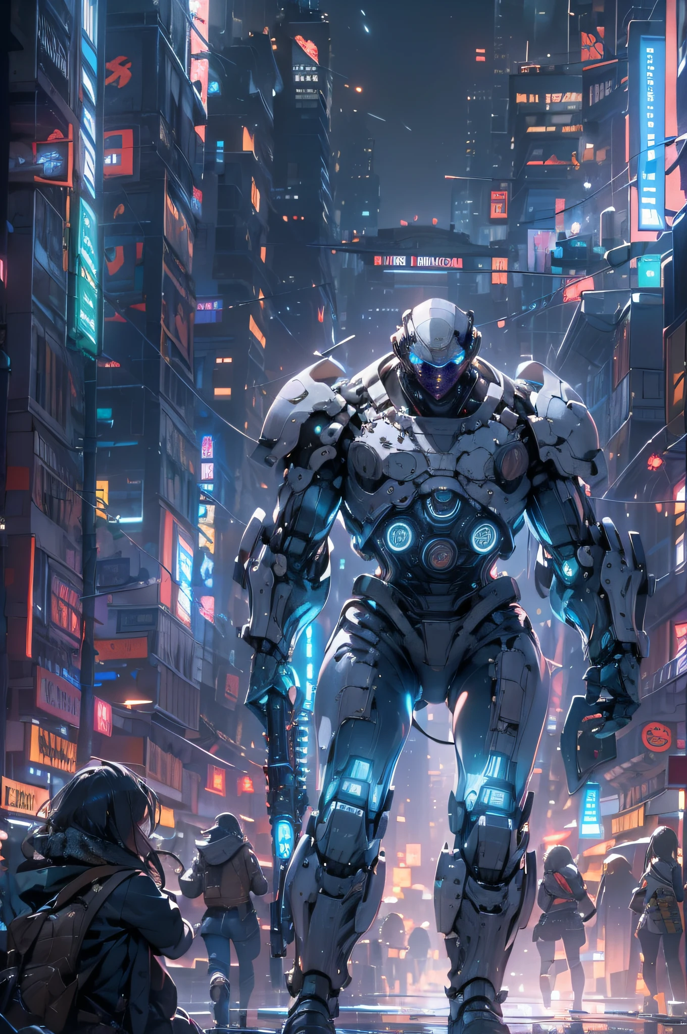 Half body view， robot，Correct human body structure，Body to the right，Look at the audience，preparing to fight，stooped，War in a bustling city，blasts，pyrotechnics，ultra-realistic realism, Gears of War all light blue shades, Equipped with black technology, Holding lightsaber in right hand in futuristic city, 8K, Complex and authentic design