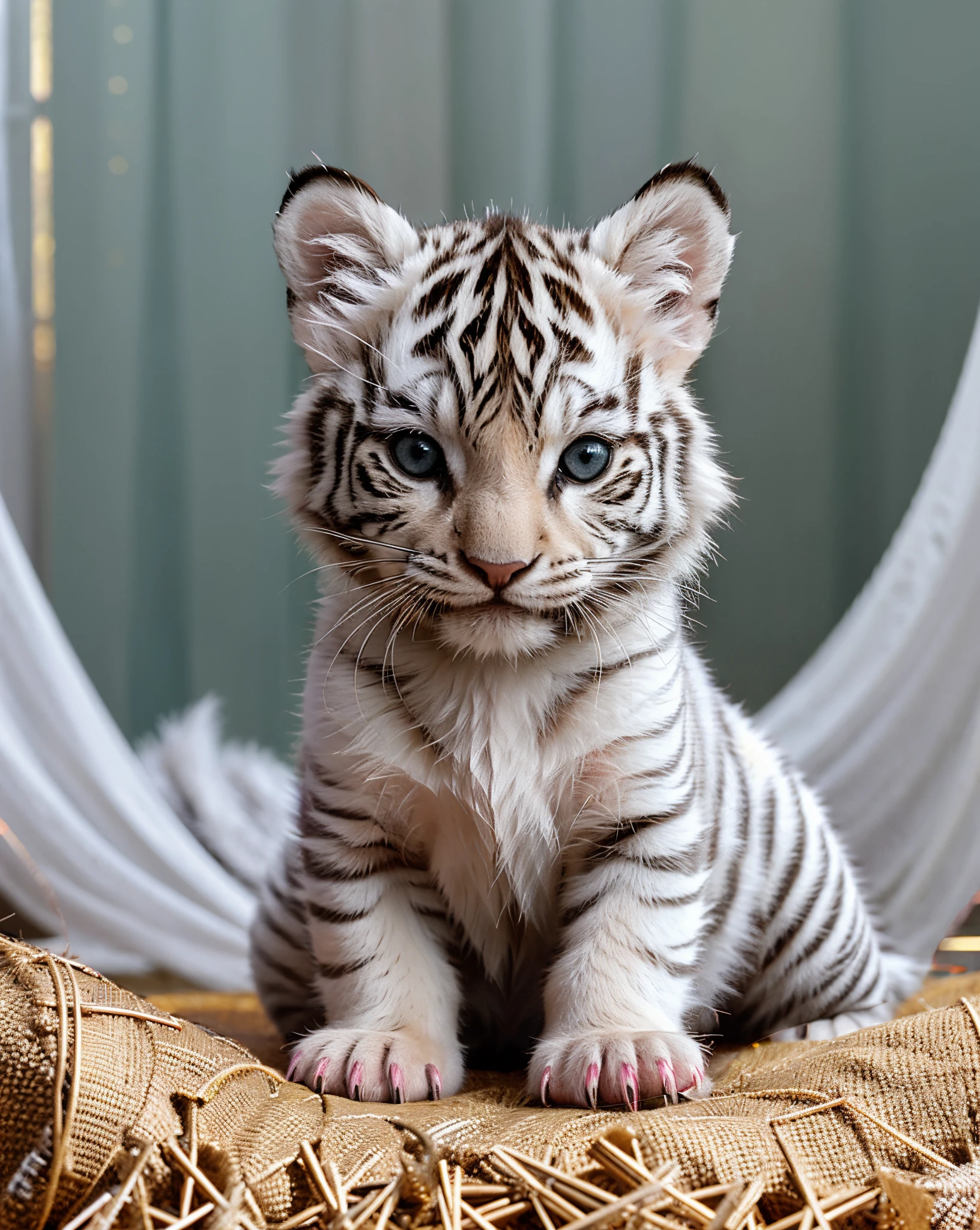 (best quality,ultra-detailed,realistic:1.37),small adorable white tiger cub,cute and playful,tiny paws and sharp claws,curious and innocent expression,fluffy fur with delicate stripes,bright and vibrant colors,soft and warm lighting,playful chibi style,precious little creature,enchanting and magical scene, ample headroom, chibi, third rules of photography, dynamic pose, ambiance