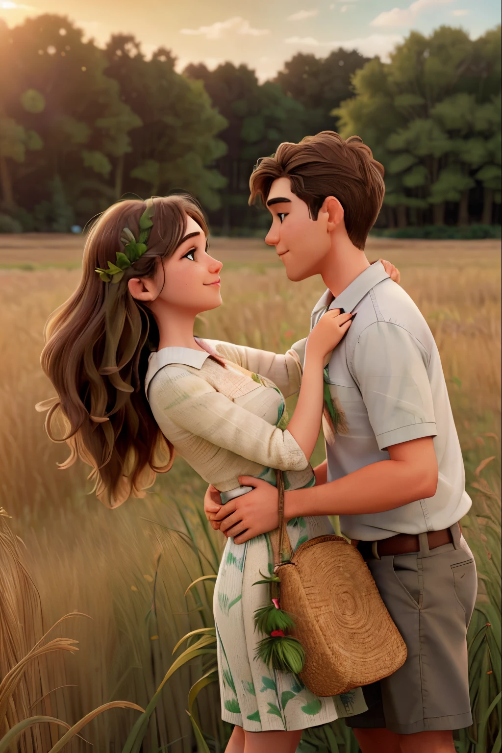 there is a man and woman hugging in a field of tall grass, zac retz, detailed portrait shot, high quality photos, by Dan Frazier, by Matt Cavotta, profile shot, in a grassy field, in a large grassy green field, by Emma Andijewska, photo shoot, arian mark, standing in the grass at sunset, music video