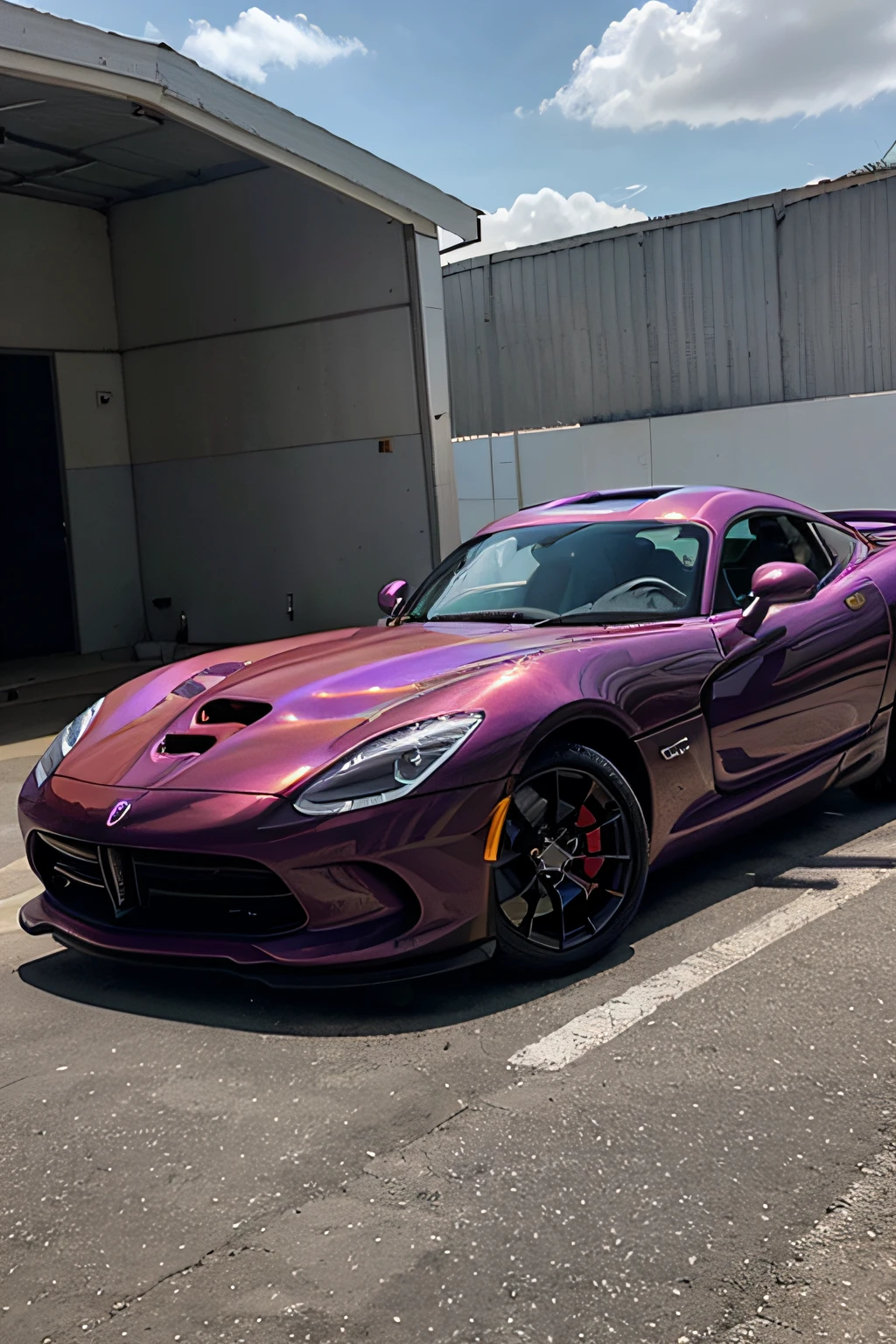 dodge viper COLOR purple METALLIC REFLECTIVE, reflete tudo ao seu redor, The wheels are thick, tem RODA ESTRELA LARGA DOURADA, The front wheel is on fire, There's a pretty girl with perfect face, Linda, Linda, com vestido e salto alto, She's leaning against the car door, foto de corpo inteiro, Diagonal angle, dentro de uma garagem simples com paredes brancas, obra prima, Ultra realista, foto inteira, enquadrado perfeito na foto, imagem de cinema, artistic work
