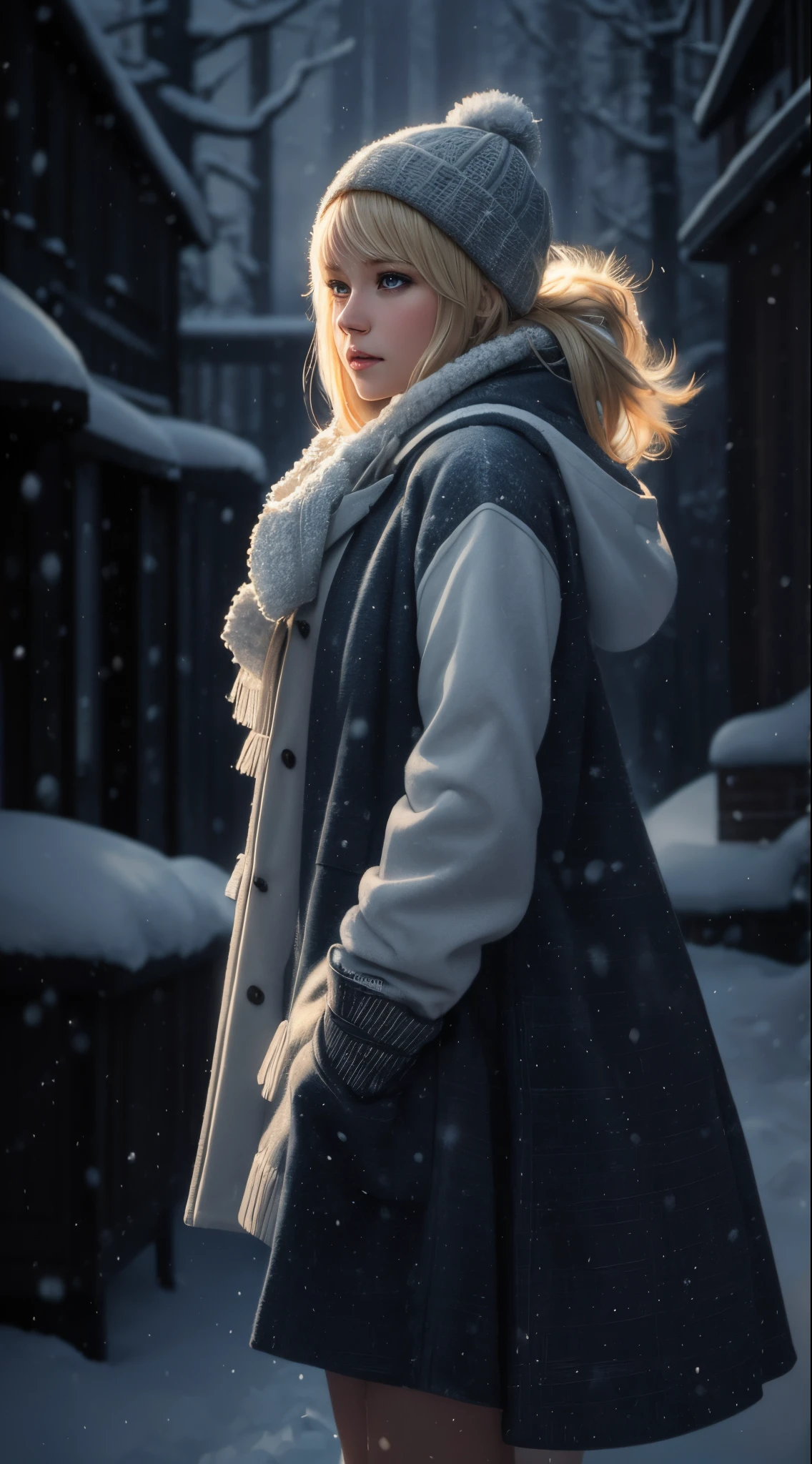 a young blond woman in winter clothing looking at camera with snow falling, beautiful digital artwork, realistic digital art 4 k, realistic digital art 4k