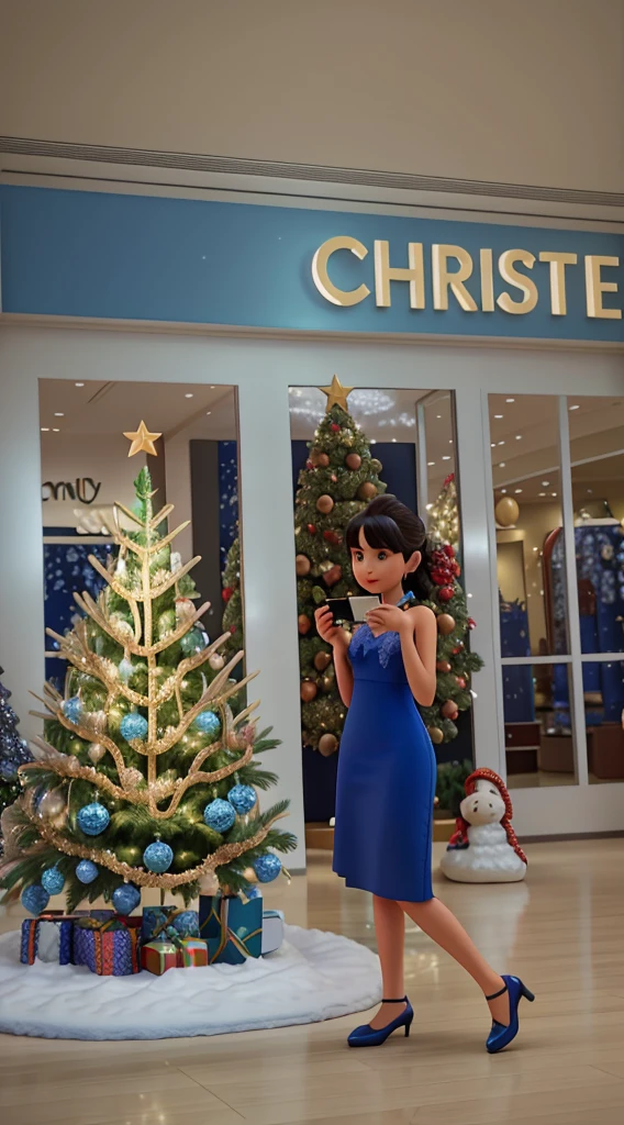 araffe woman in blue dress standing in front of a christmas tree, christmas night, appearing in a shopping mall, in a mall, at a mall, with a tree in the background, wearing a blue qipao dress, with a tall tree, lifestyle, goddess checking her phone, majestic masterpiece, at instagram, photo on iphone, edited, christmas, discovered photo