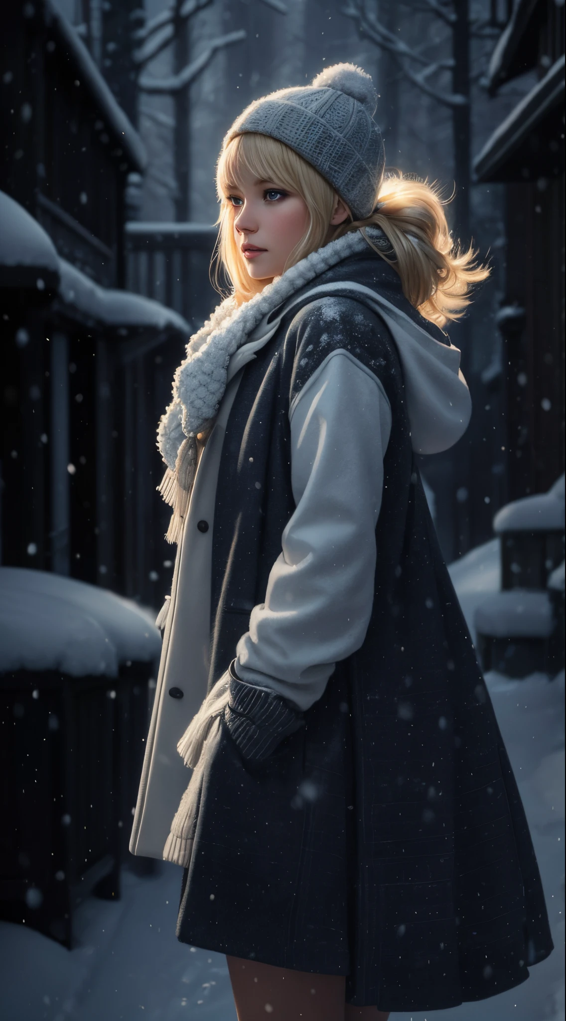 a young blond woman in winter clothing looking at camera with snow falling, beautiful digital artwork, realistic digital art 4 k, realistic digital art 4k